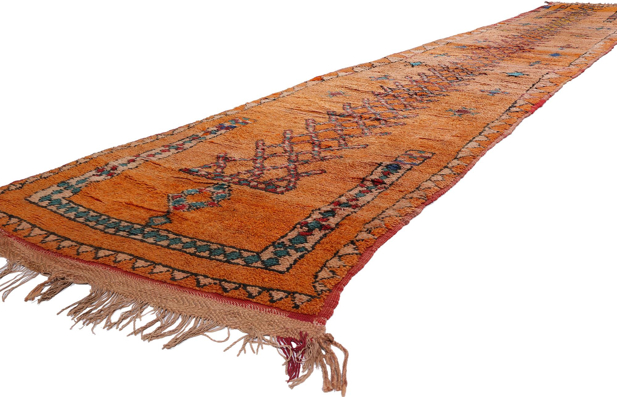 21841 Extra-Long Vintage Orange Boujad Moroccan Rug, 03'03 x 19'05. Embark on a vibrant journey into the free-spirited allure of Bohemian style with this hand-knotted wool vintage Moroccan rug, originating from the lively city of Boujad within the