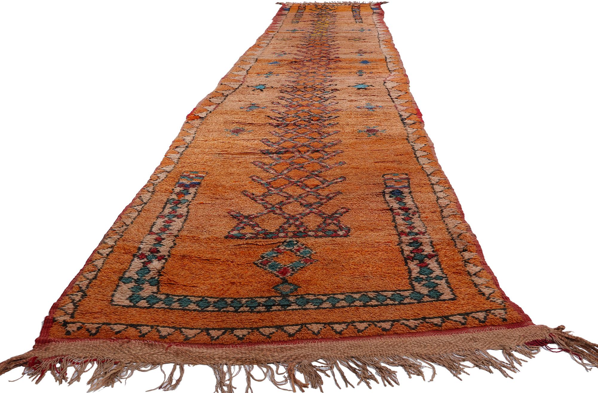 Tribal Extra-Long Vintage Boujad Moroccan Rug, Southwest Bohemian Meets Cozy Nomad