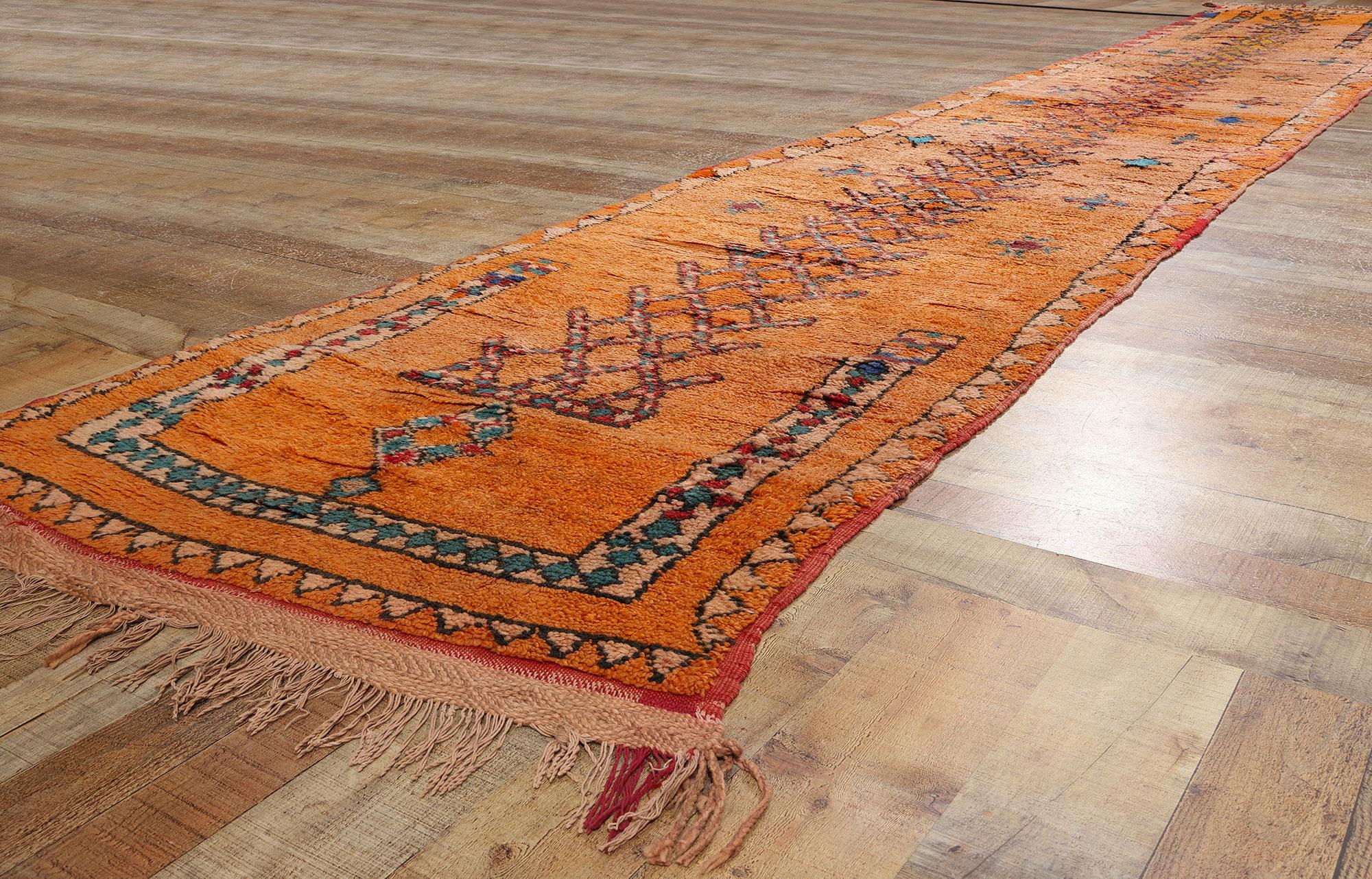 Wool Extra-Long Vintage Boujad Moroccan Rug, Southwest Bohemian Meets Cozy Nomad