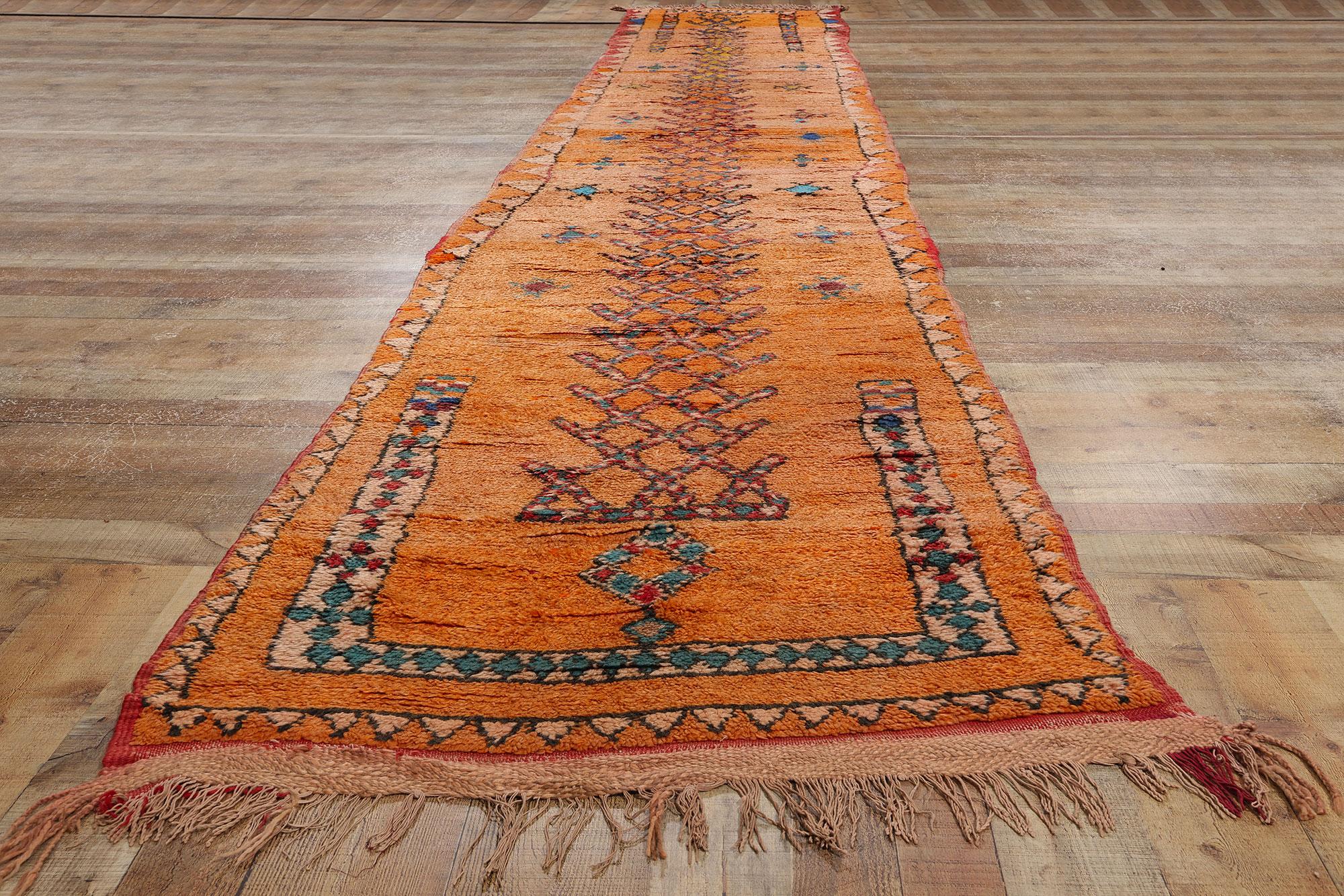 Extra-Long Vintage Boujad Moroccan Rug, Southwest Bohemian Meets Cozy Nomad 1