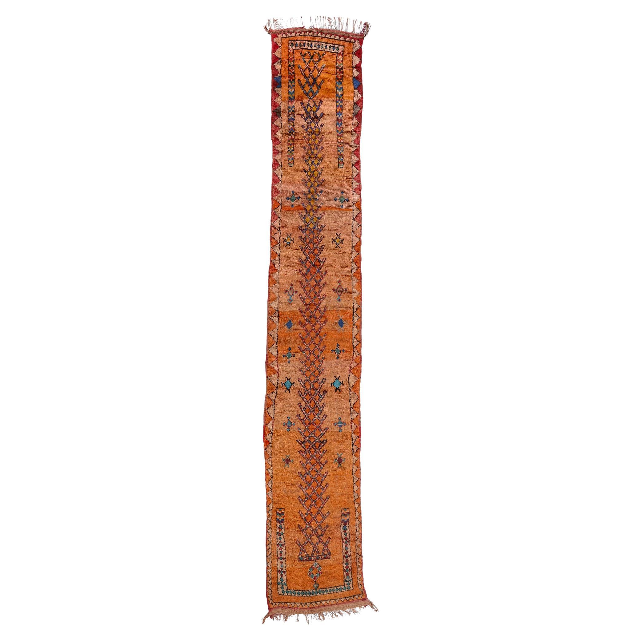 Extra-Long Vintage Boujad Moroccan Rug, Southwest Bohemian Meets Cozy Nomad