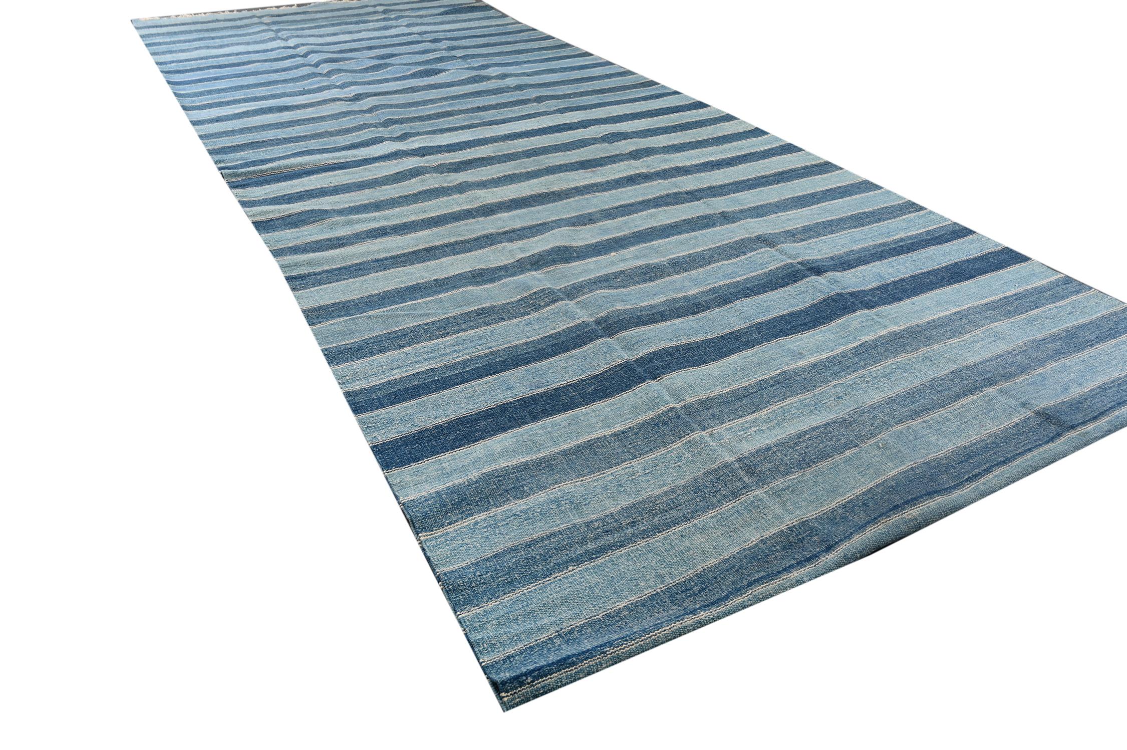 Indian Extra-Long Vintage Dhurrie Flat Weave in Blue Stripes by Rug & Kilim For Sale