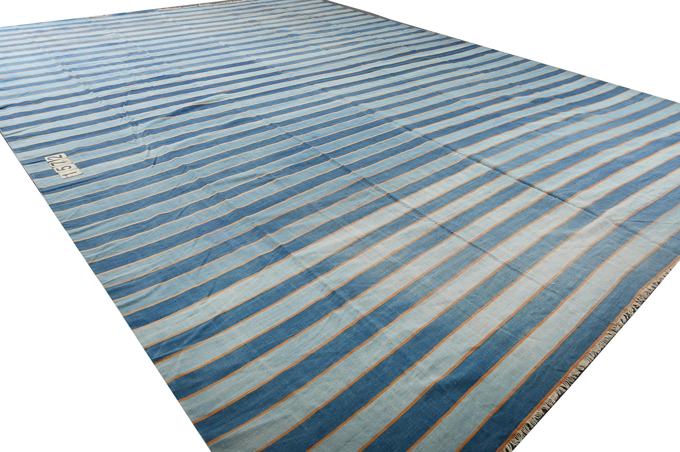 Indian Extra-Long Vintage Dhurrie Flat Weave in Blue Stripes by Rug & Kilim