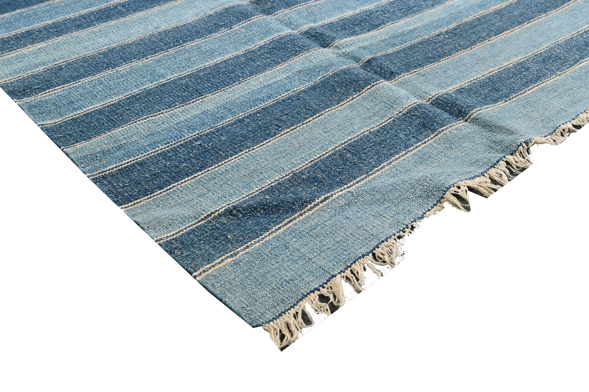 Hand-Knotted Extra-Long Vintage Dhurrie Flat Weave in Blue Stripes by Rug & Kilim For Sale