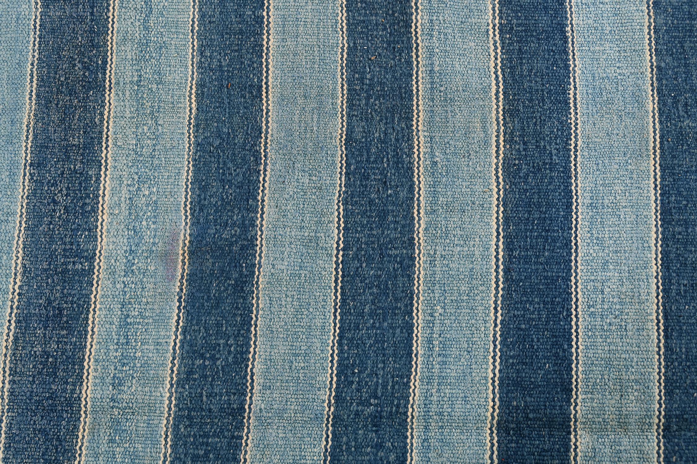 Extra-Long Vintage Dhurrie Flat Weave in Blue Stripes by Rug & Kilim In Good Condition For Sale In Long Island City, NY