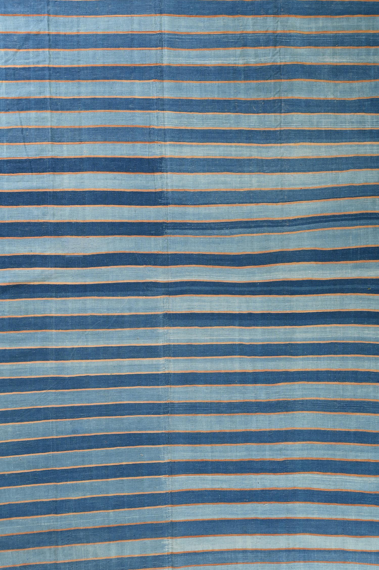 Extra-Long Vintage Dhurrie Flat Weave in Blue Stripes by Rug & Kilim In Good Condition In Long Island City, NY