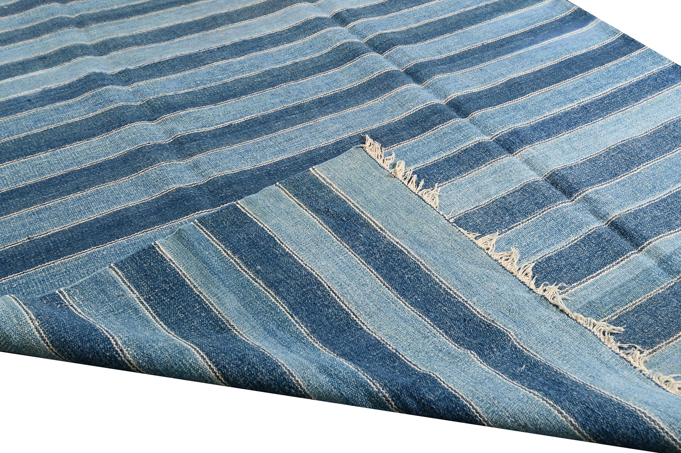 Mid-20th Century Extra-Long Vintage Dhurrie Flat Weave in Blue Stripes by Rug & Kilim For Sale