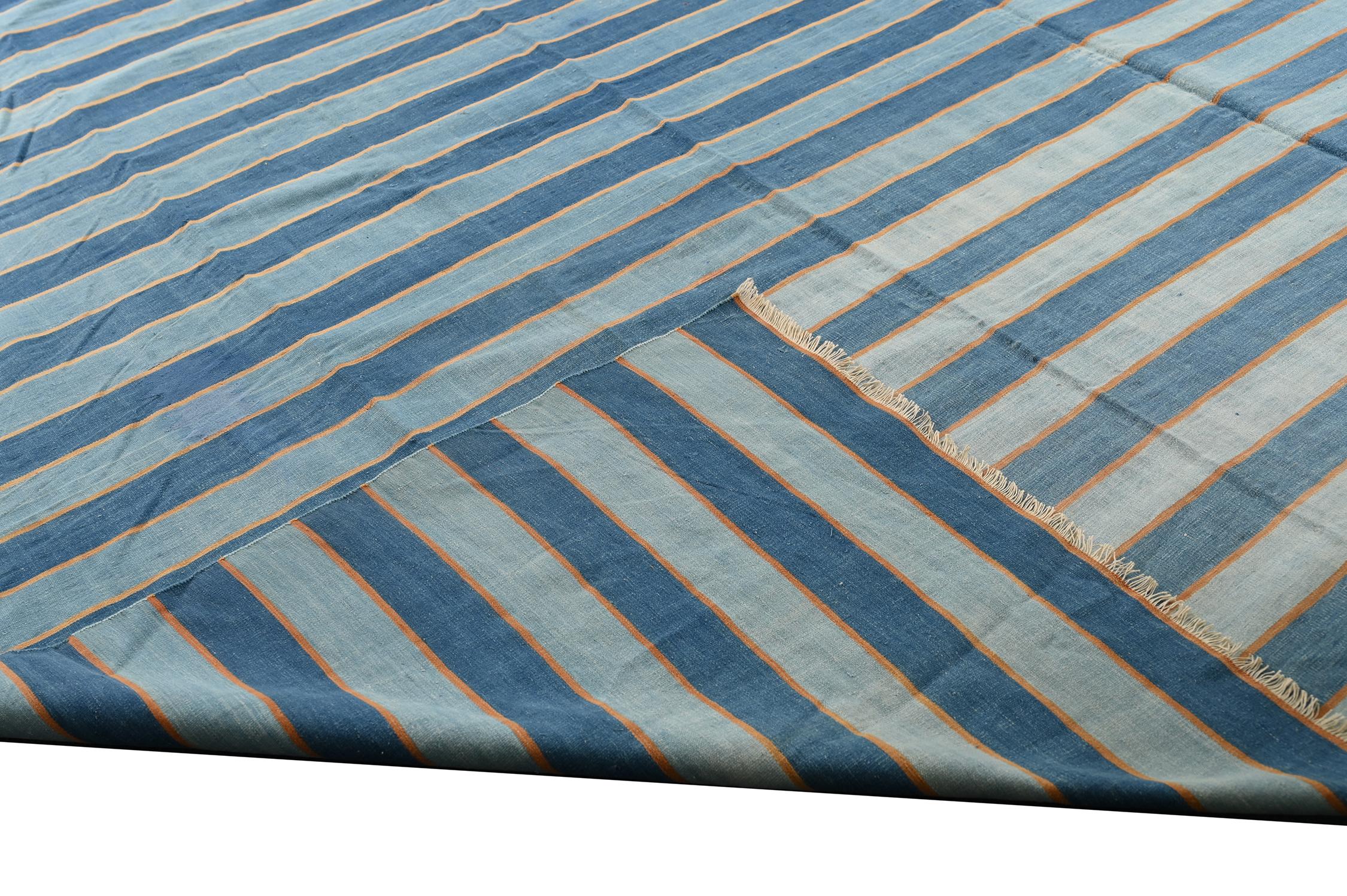 Mid-20th Century Extra-Long Vintage Dhurrie Flat Weave in Blue Stripes by Rug & Kilim