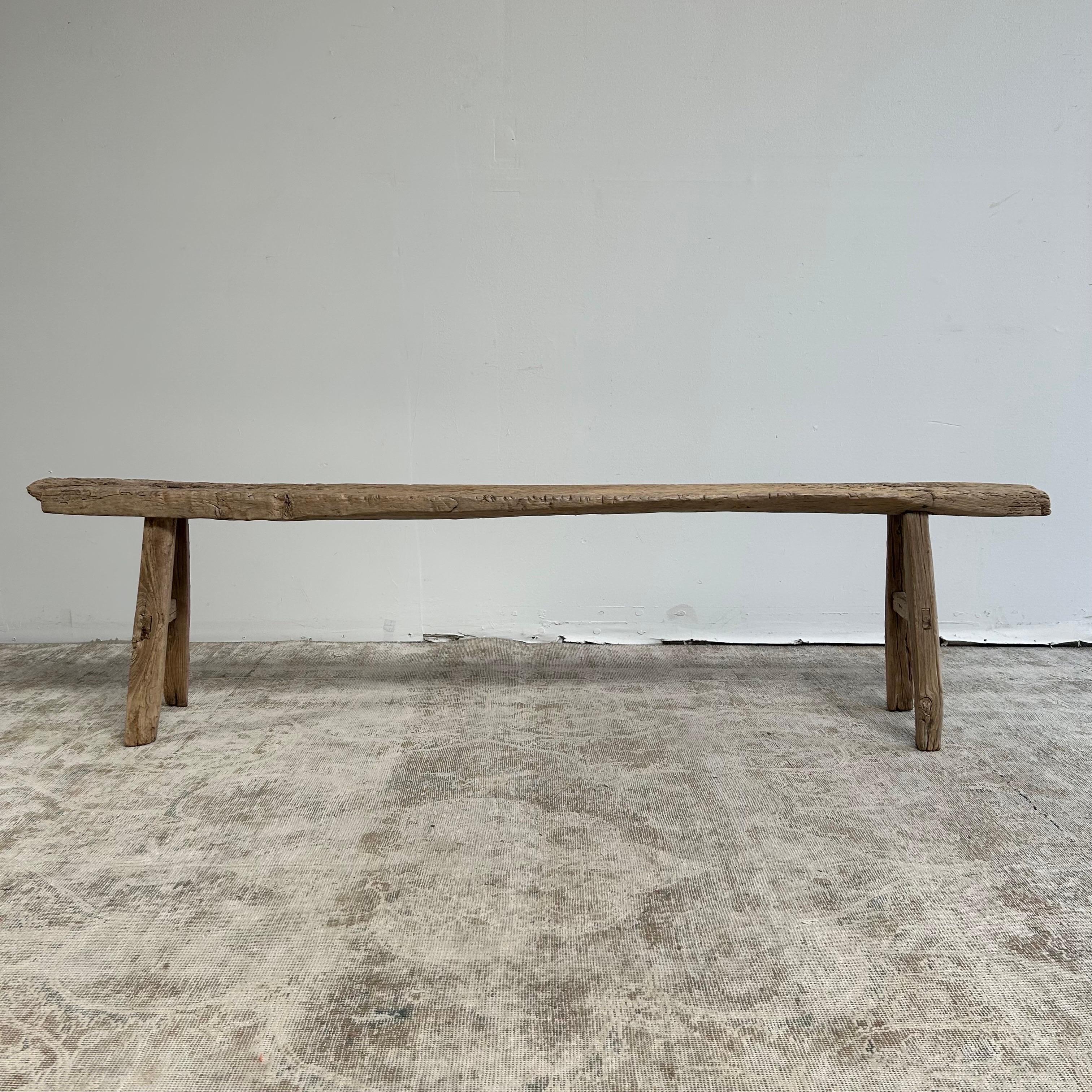Extra Long Vintage Elm Wood Skinny Bench with Aged Patina 8