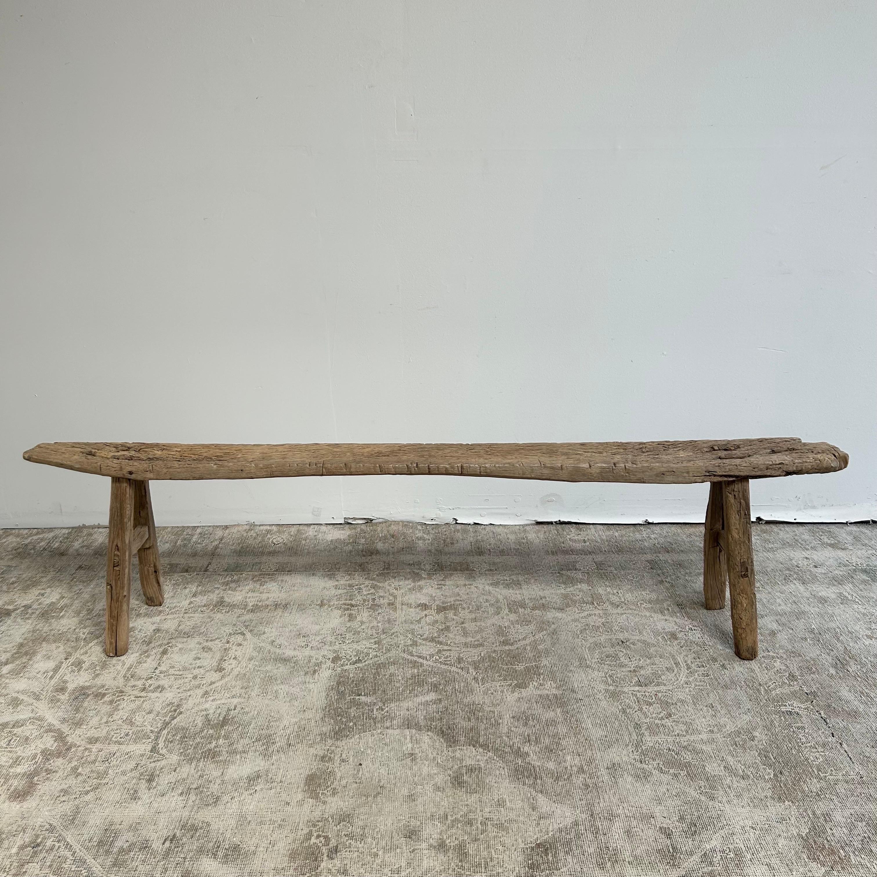 Extra Long Vintage Elm Wood Skinny Bench with Aged Patina 1