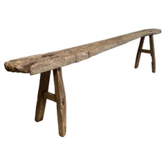 Extra Long Vintage Elm Wood Skinny Bench with Aged Patina