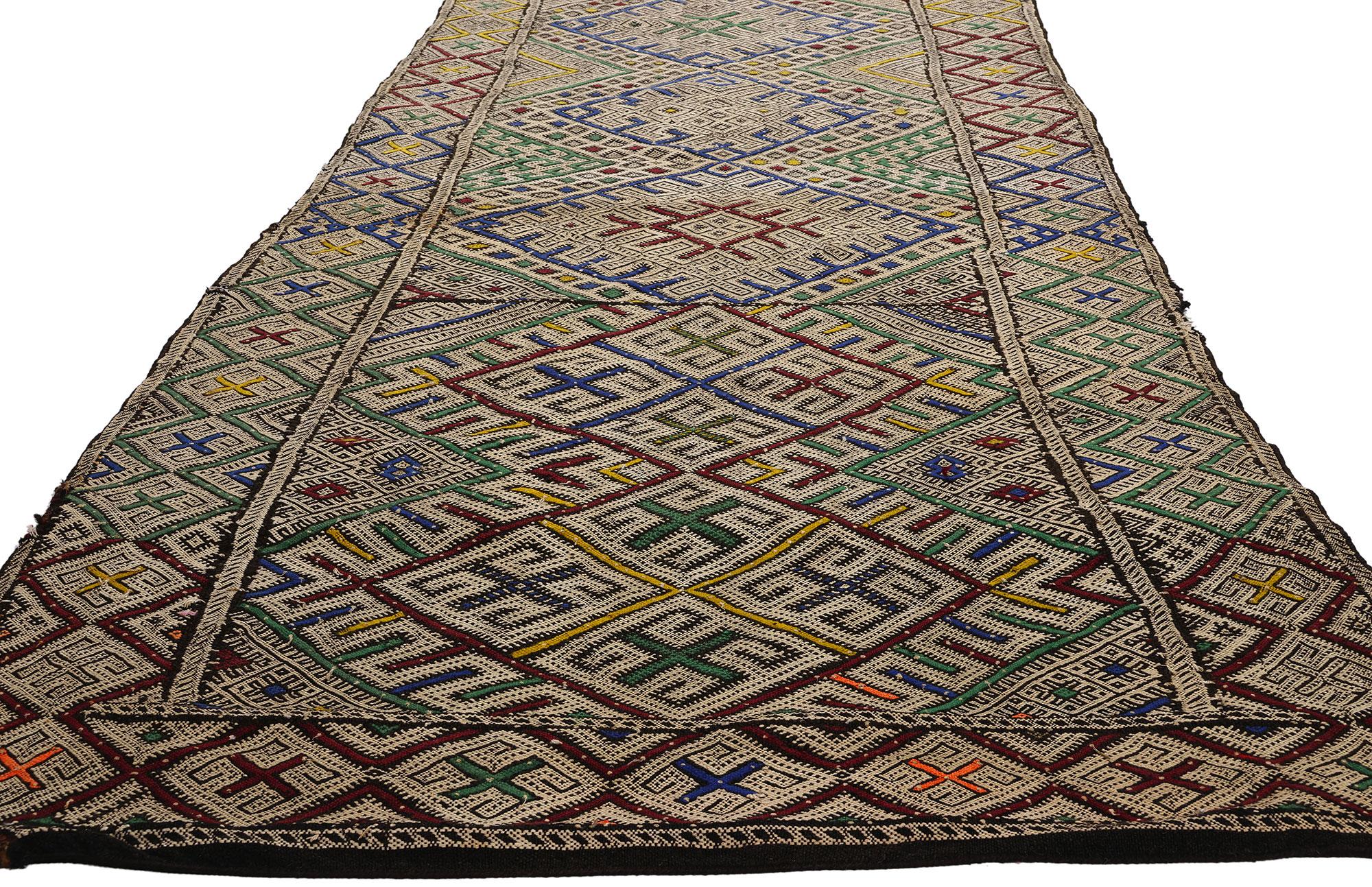 21846 Vintage Zemmour Moroccan Rug, 03'05 x 22'04. Presenting our extra-long handwoven wool kilim rug—a captivating Moroccan runner crafted by the skilled artisans of the Zemmour Tribe in the Middle Atlas Mountains of Morocco. Embracing the revered