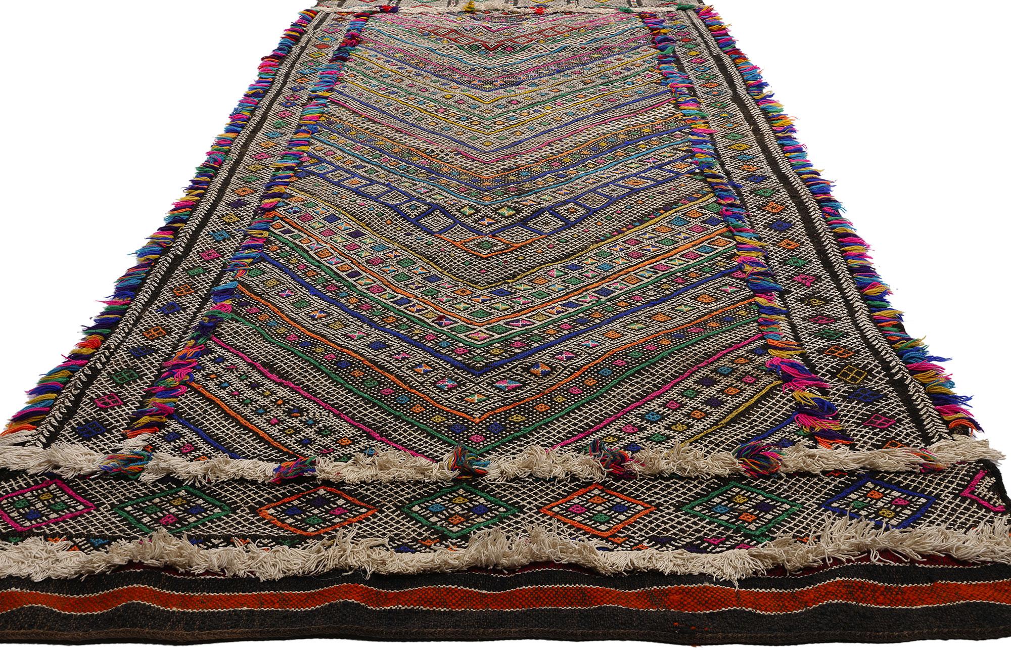 21848 Vintage Zemmour Moroccan Kilim Rug, 03'08 x 26'02. Introducing an enchanting bohemian-inspired Moroccan kilim rug runner, meticulously handwoven with extra-long dimensions by the skilled artisans of the Zemmour Tribe nestled in the scenic