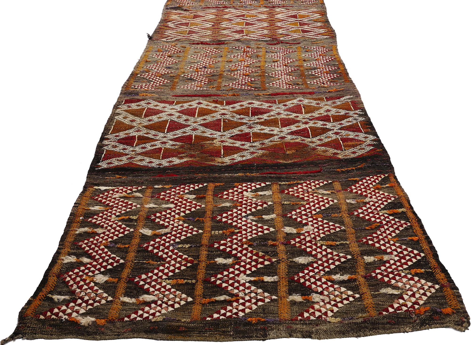 21777 Vintage Moroccan Zemmour Kilim Rug, 02'07 x 23'02. Presenting an exquisite vintage Moroccan kilim rug runner, meticulously handwoven with extra-long dimensions by the skilled artisans of the Zemmour Tribe, nestled in the picturesque Middle