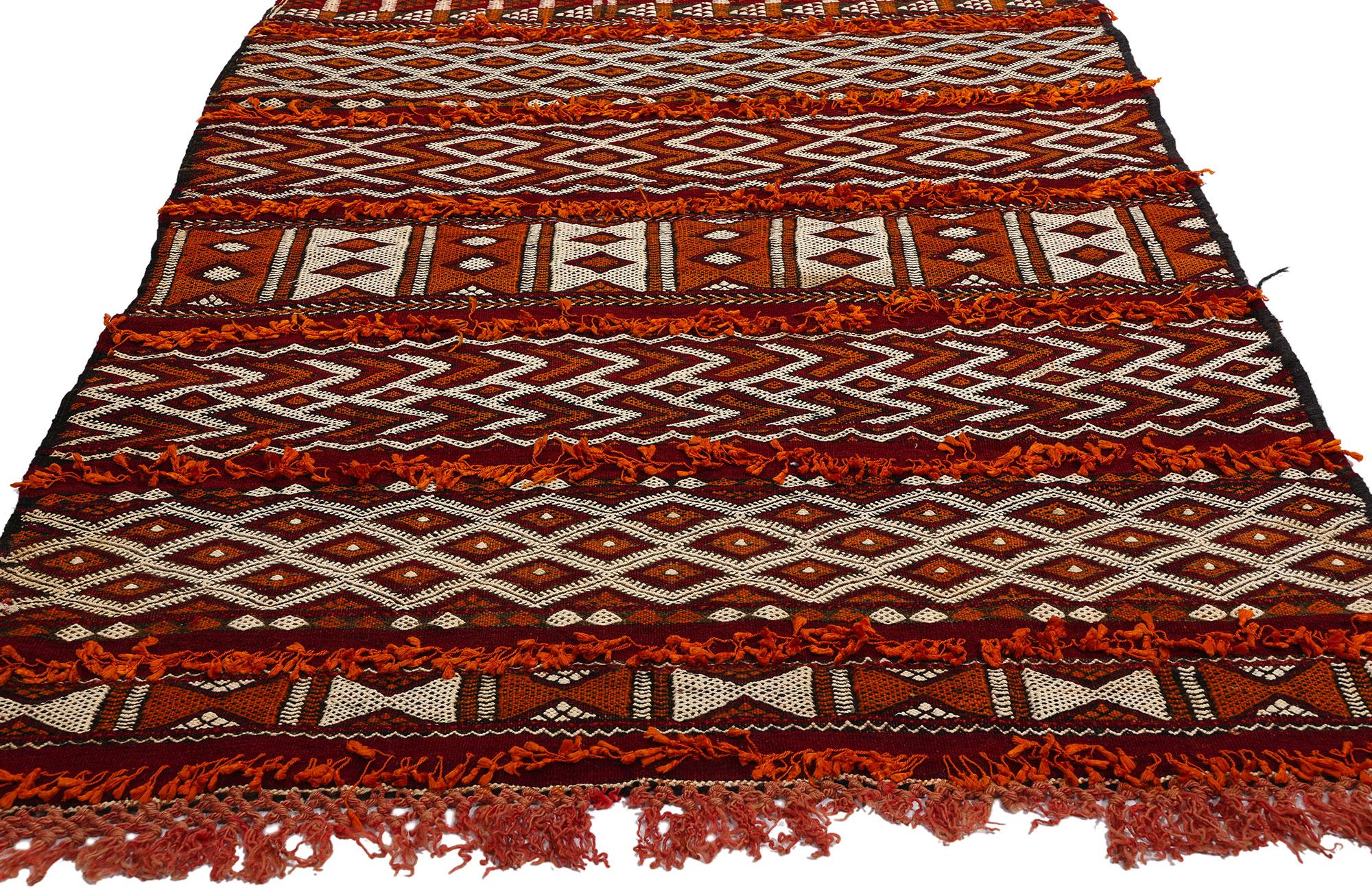 21772 Vintage Moroccan Zemmour Kilim Rug, 03'02 x 23'02. Introducing an exceptional vintage Moroccan kilim rug runner, meticulously handwoven with extra-long dimensions by the skilled artisans of the Zemmour Tribe, nestled in the idyllic Middle