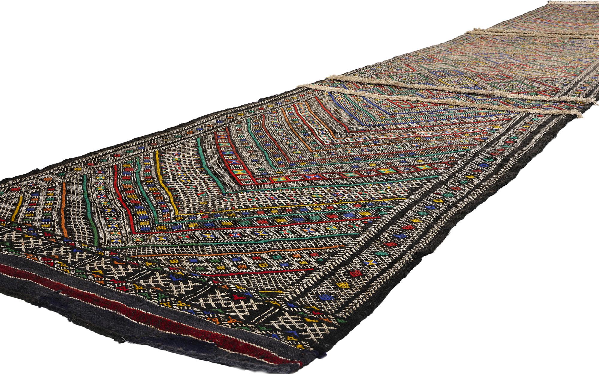 Wool Midcentury Bohemian Vintage Moroccan Zemmour Kilim Berber Rug, 03'09 x 20'01 For Sale