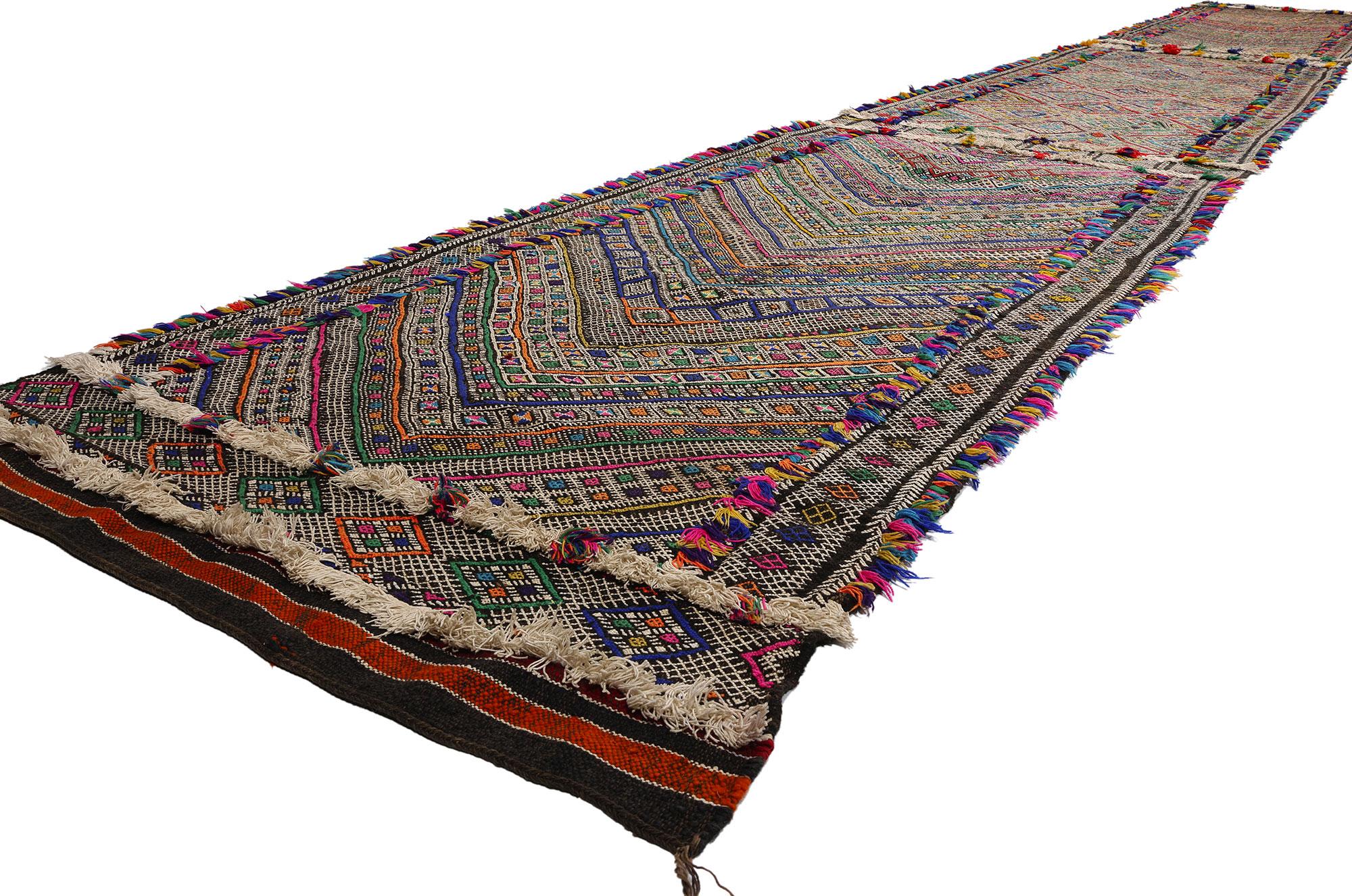 Wool Midcentury Bohemian Vintage Moroccan Zemmour Kilim Berber Rug, 03'08 x 26'02 For Sale