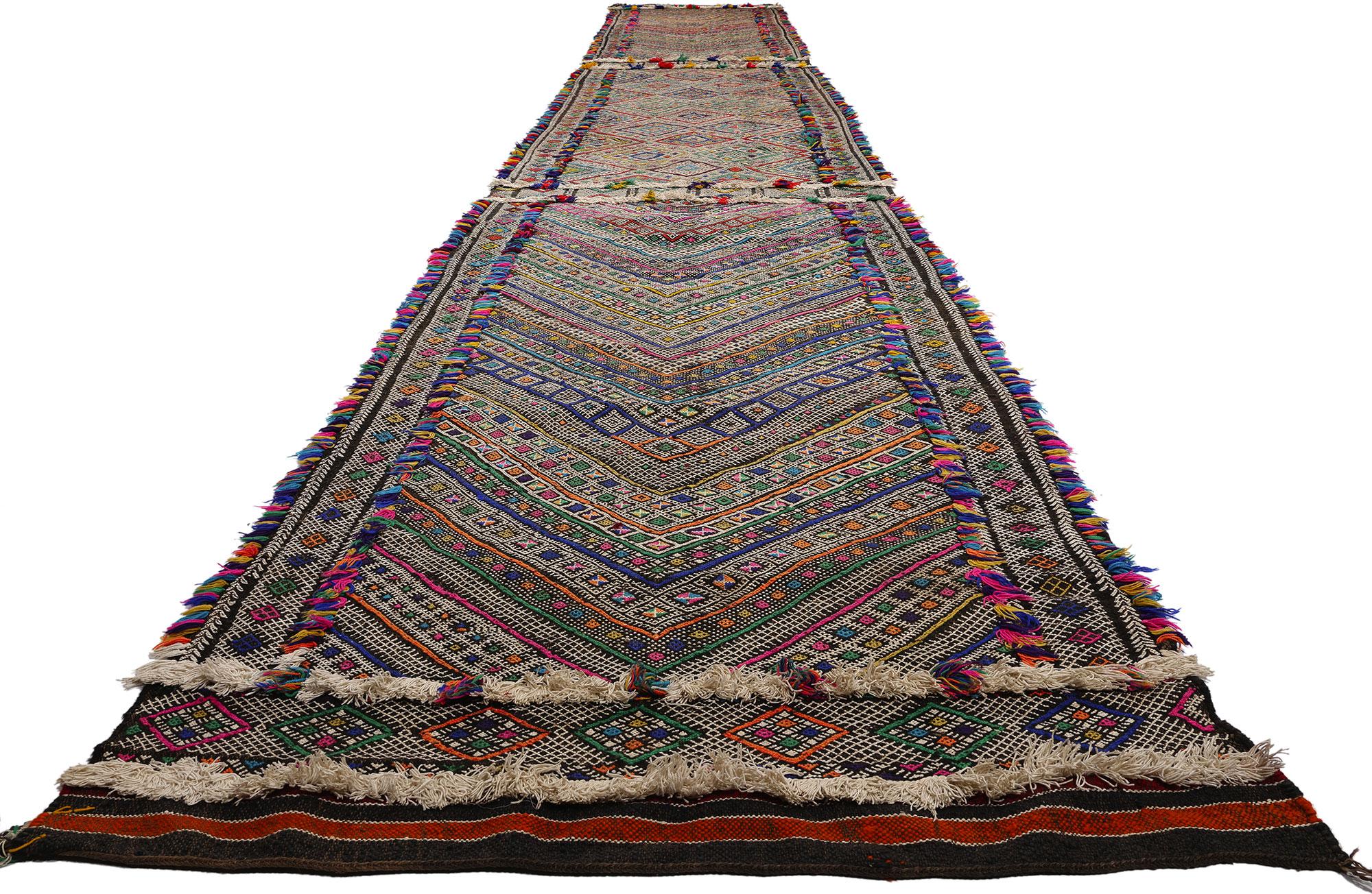Bohemian 1960's Colorful Mid-Century Berber Zemmour Hanbel Moroccan Carpet, 03'08 x 26'02 For Sale
