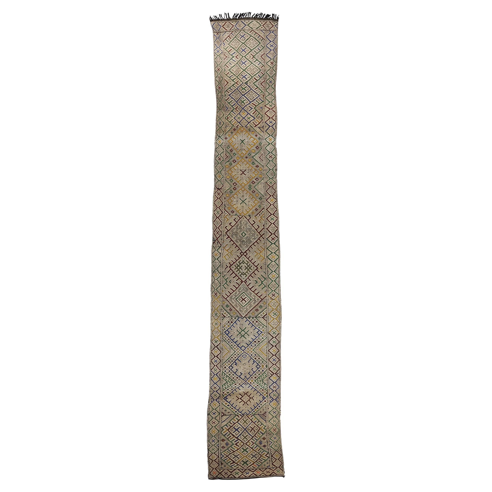 Midcentury Bohemian Vintage Moroccan Zemmour Kilim Berber Rug, 03'05 x 22'04 For Sale