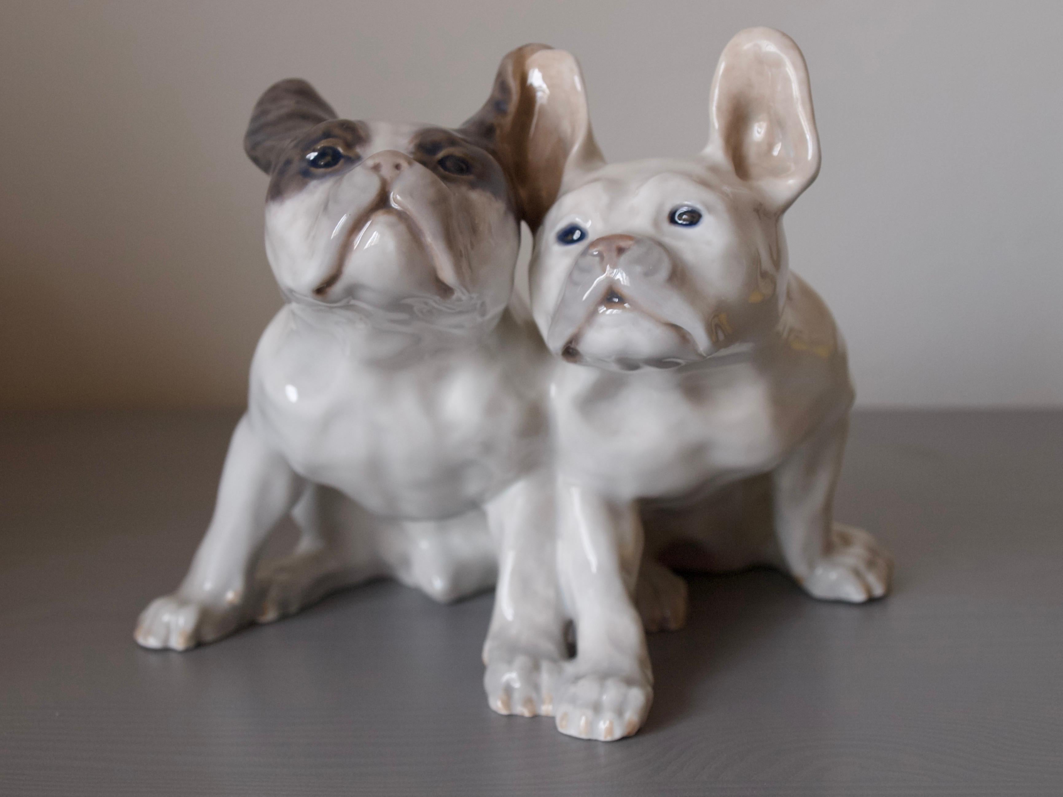 Besonders seltene französische Bulldoggen, entworfen von Knud Kyhn
1908 von der Porzellanmanufaktur Royal Copenhagen hergestellt,
Dänemark mit der Nummer 1452 / 957.

Knud Kyhn (1880-1969) war einer der führenden dänischen Keramikkünstler des 20.