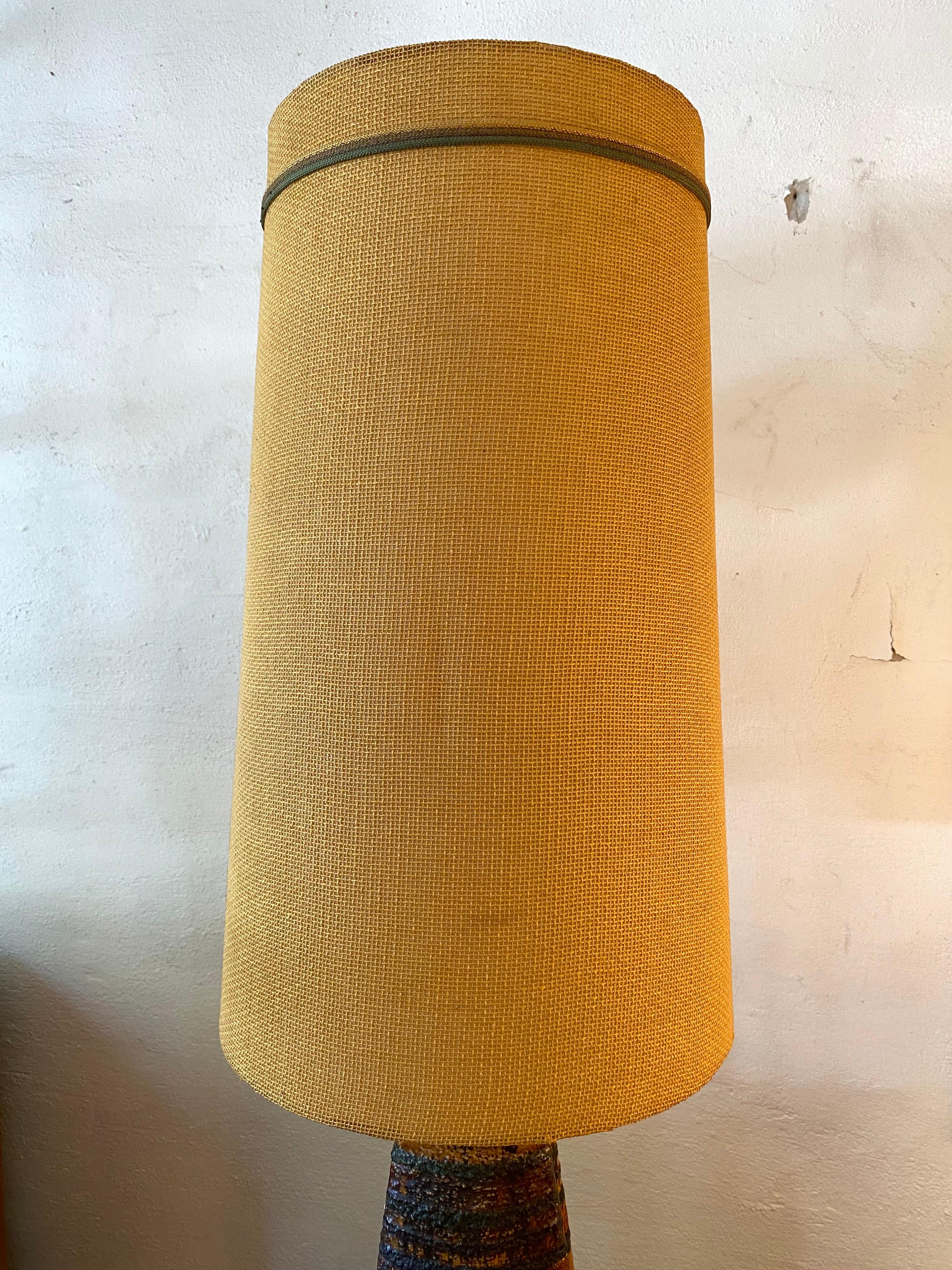 Extra Tall Ceramic Lamp with Original Burlap Shade In Good Condition In Philadelphia, PA