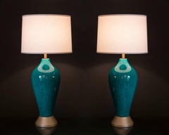 Extra Tall Turquoise Pottery Lamps with Gold Toned Base