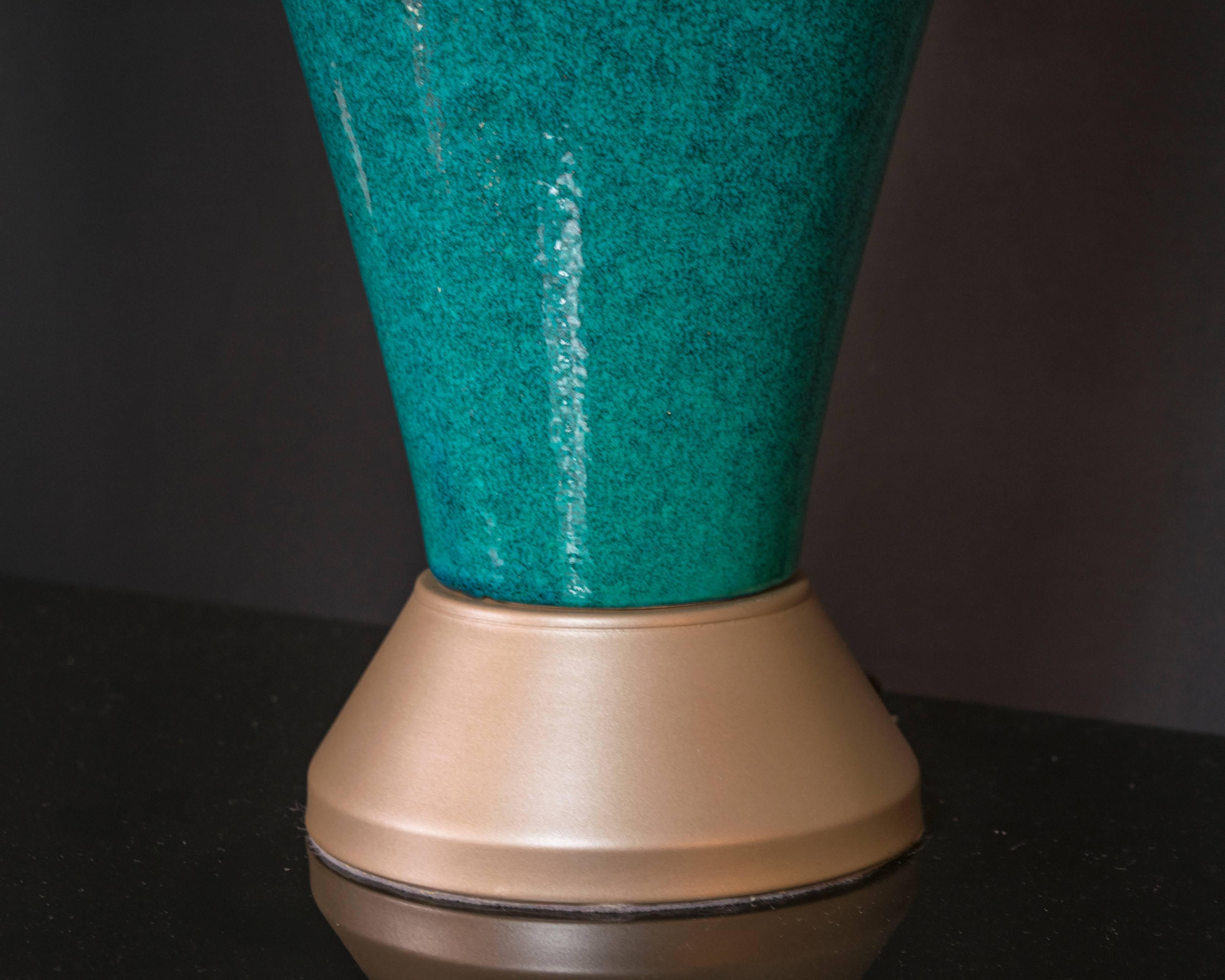 Extra Tall Turquoise Pottery Lamps with Gold Toned Base In Excellent Condition For Sale In Houston, TX