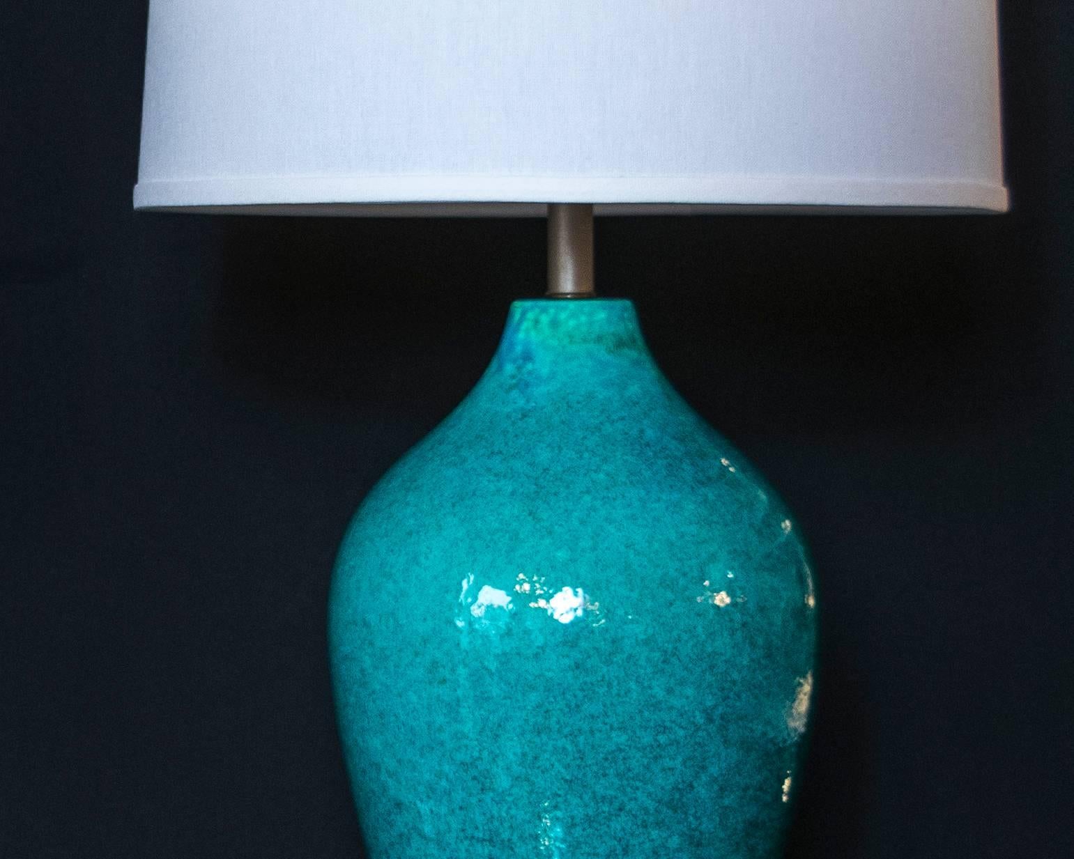 Mid-20th Century Extra Tall Turquoise Pottery Lamps with Gold Toned Base For Sale