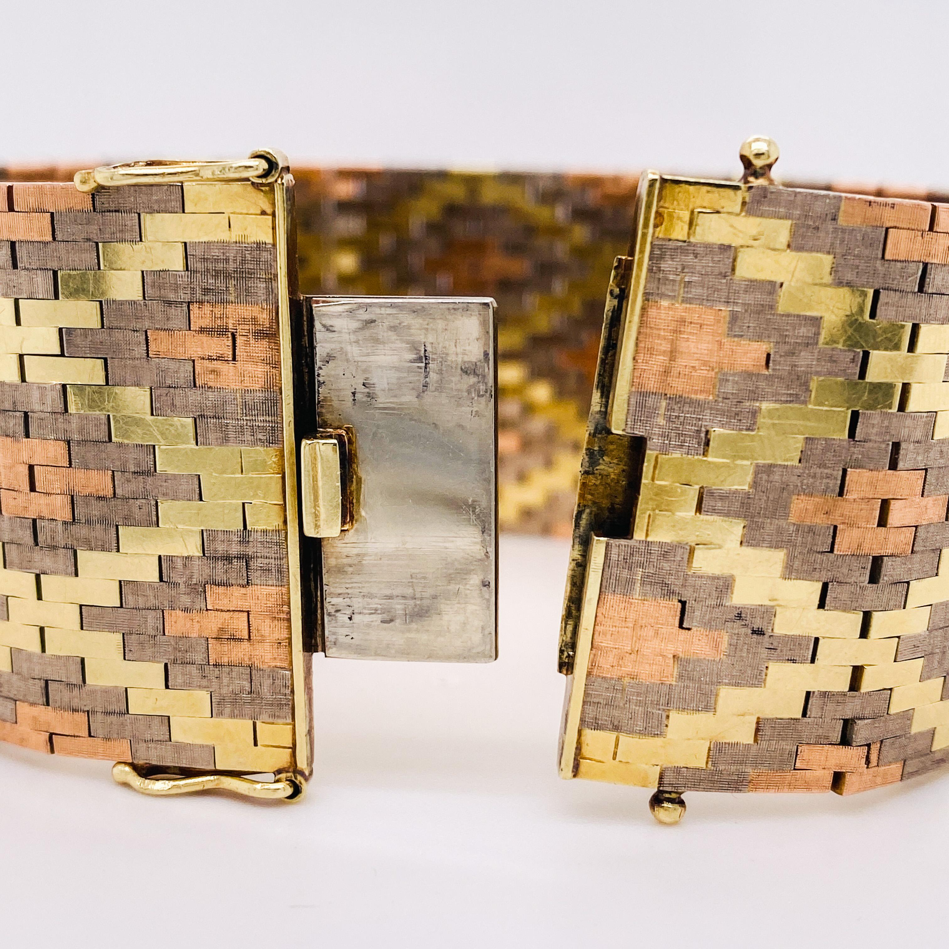 Extra Wide Bracelet in Mixed Metals-14 KT Yellow, 14k Rose, 14k White Wide In Excellent Condition In Austin, TX