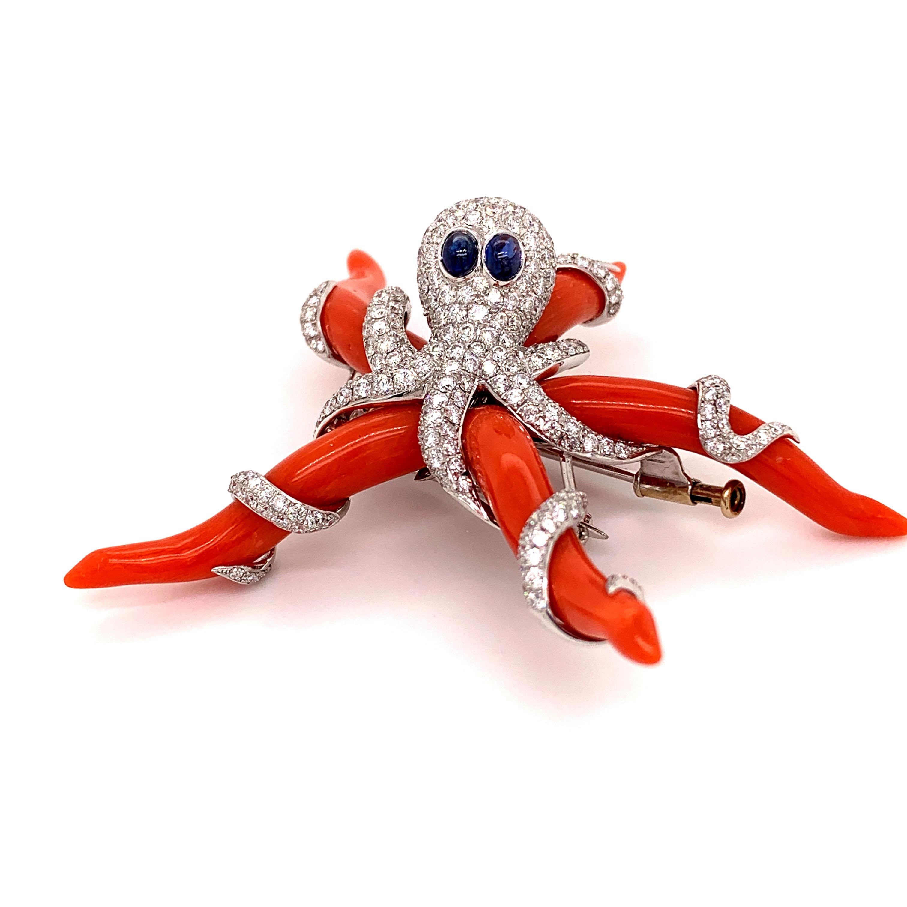 Round Cut Sophia D, 39.12 Carat Octopus Coral Brooch with Diamond and Sapphire For Sale