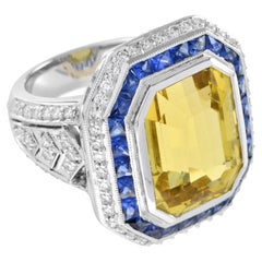 Extraordinary 14 Ct. Golden Beryl with Ceylon Sapphire and Diamond Accent Ring