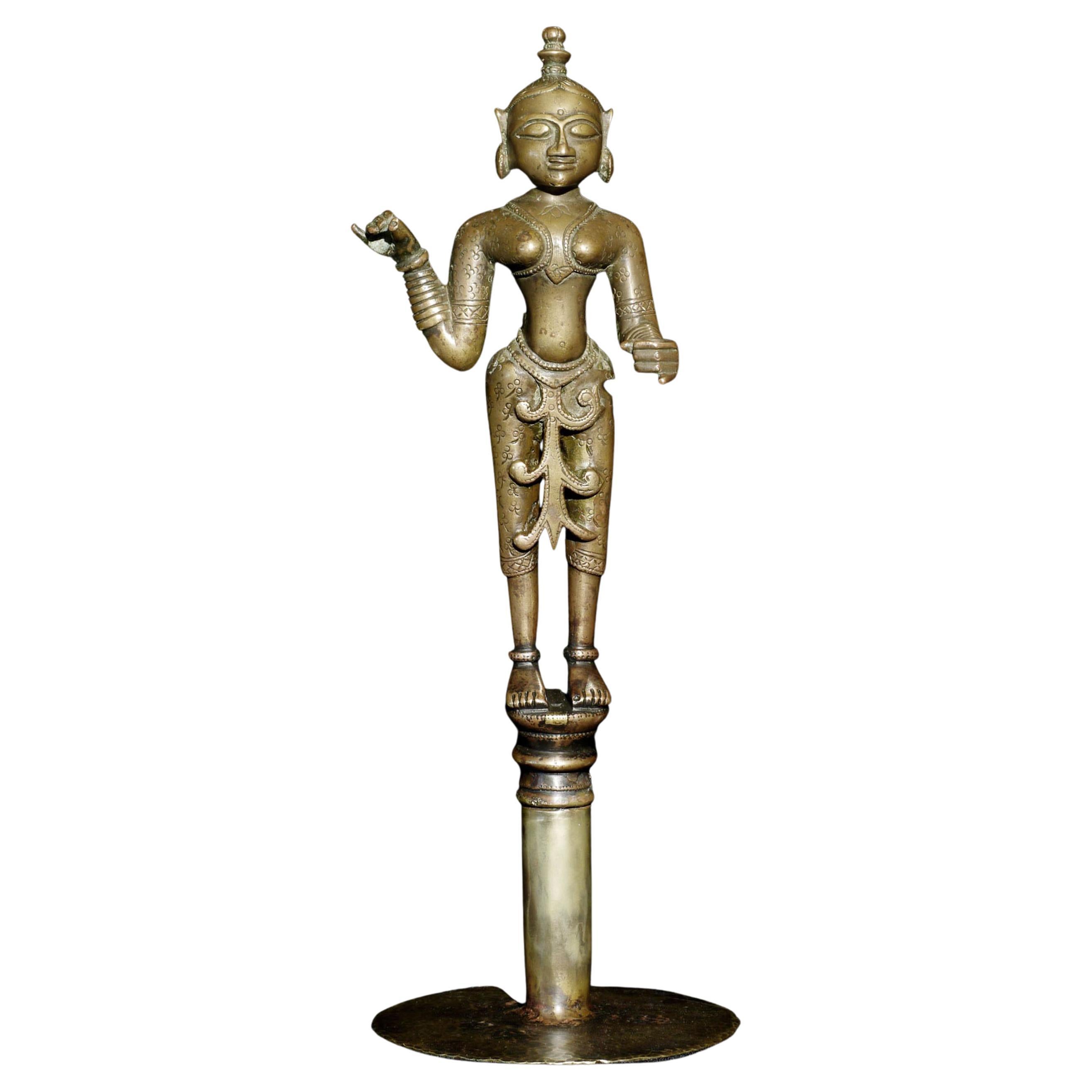 Extraordinary solid cast Indian bronze goddess. Head to toe, the height is 9.25. Atop the custom base, the total height is 14 1/8