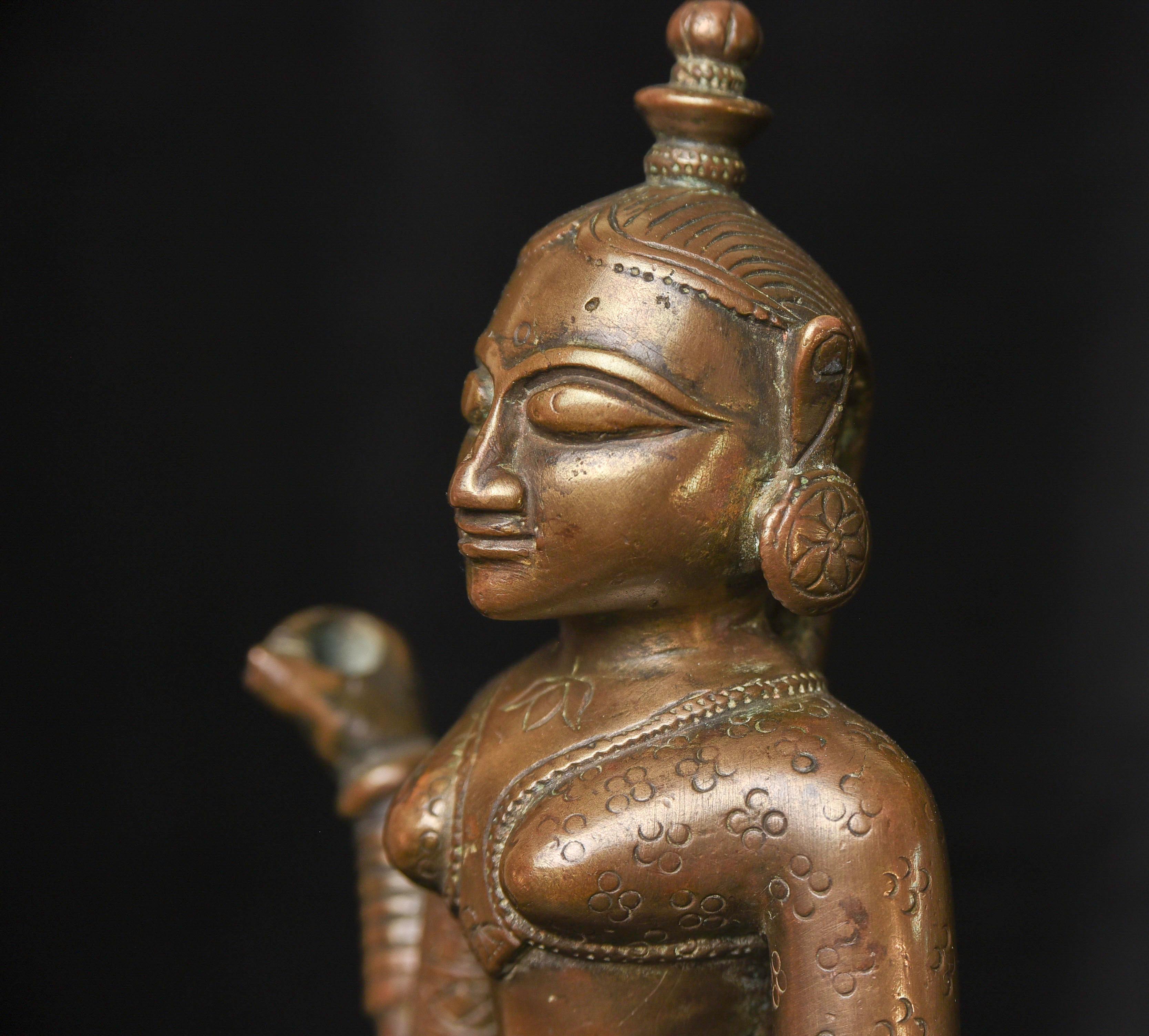 Extraordinary 18C Indian Bronze Goddess-Originally Part of Large Oil Lamp, 9721 For Sale 4