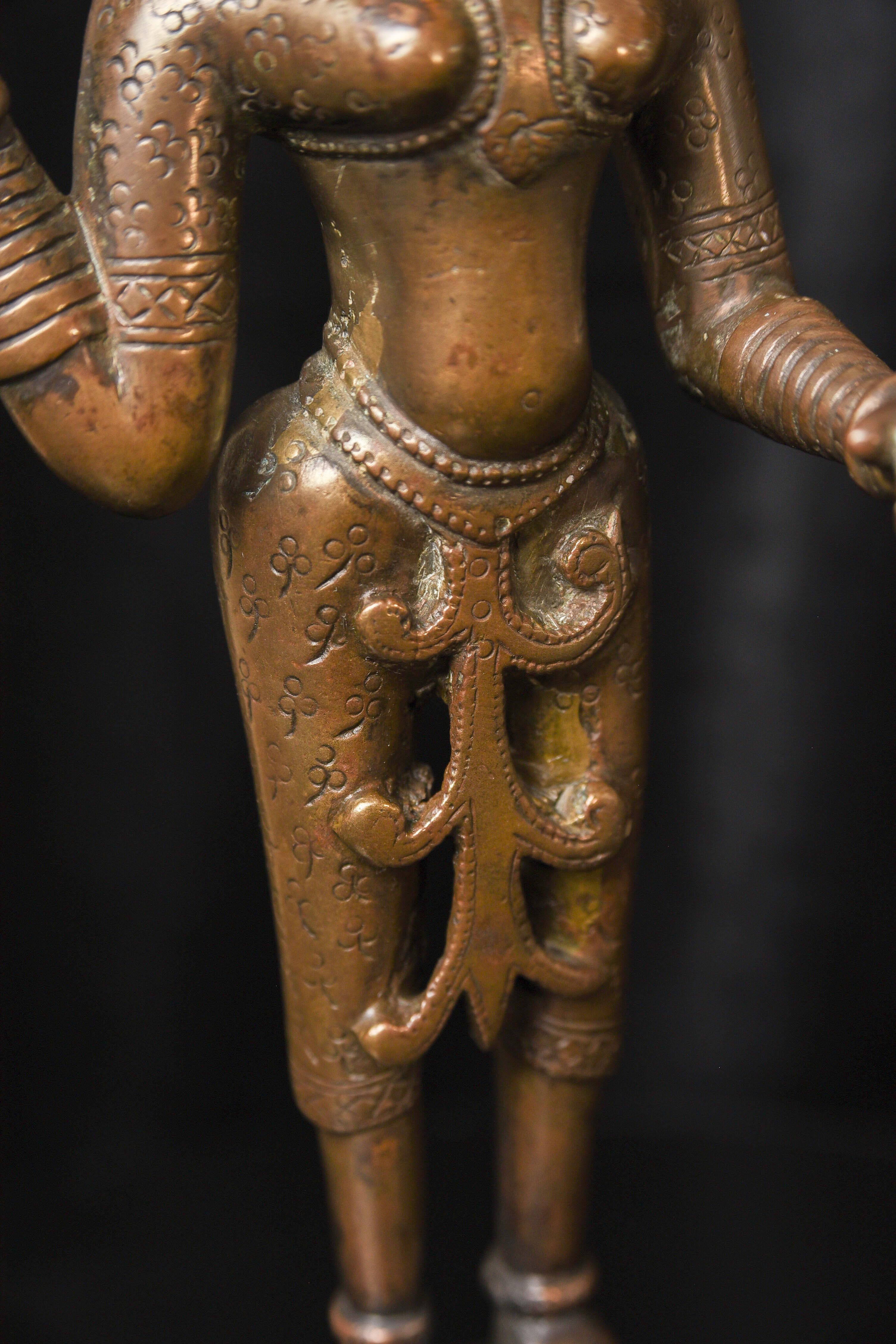 Extraordinary 18C Indian Bronze Goddess-Originally Part of Large Oil Lamp, 9721 For Sale 9