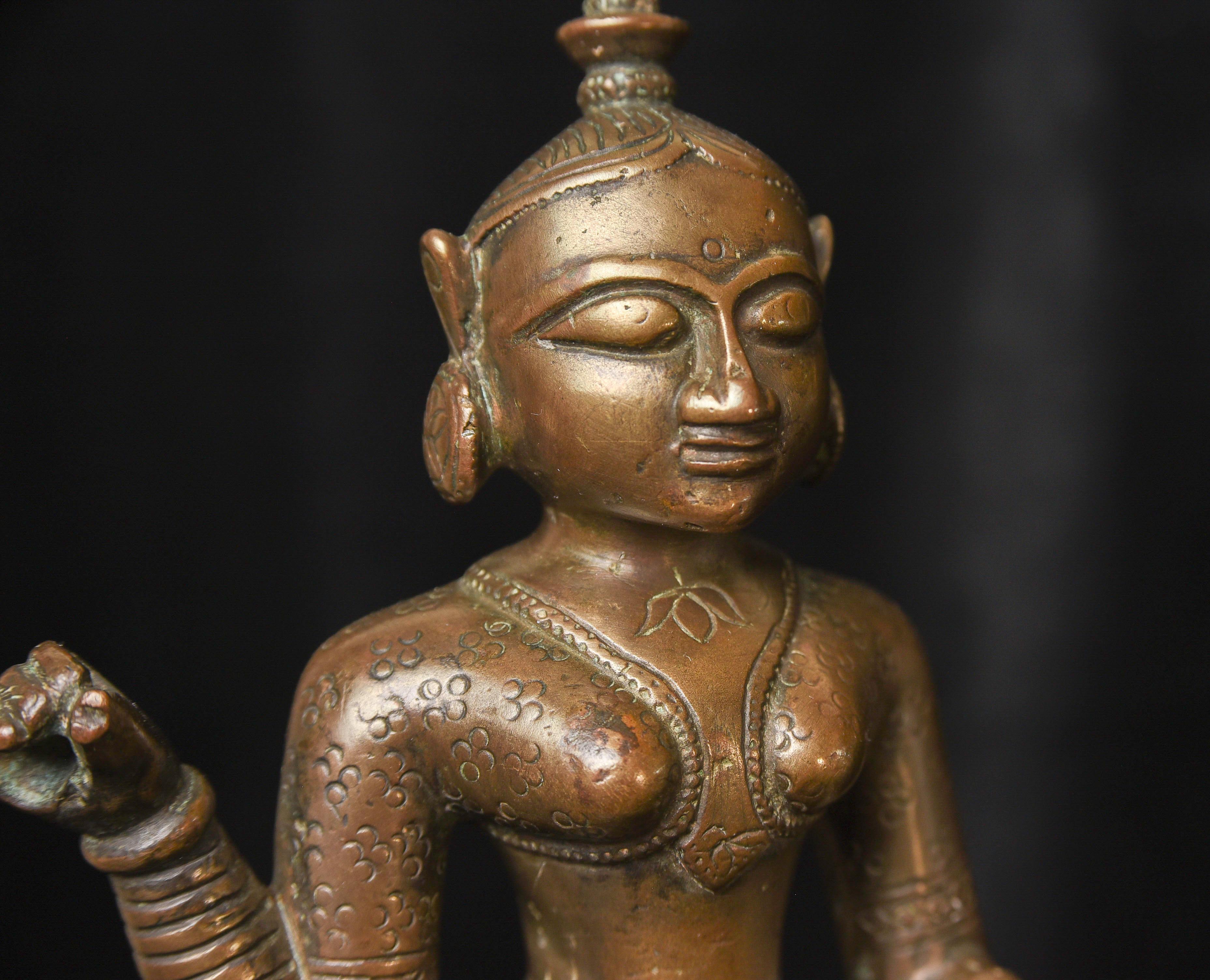 Extraordinary 18C Indian Bronze Goddess-Originally Part of Large Oil Lamp, 9721 For Sale 10