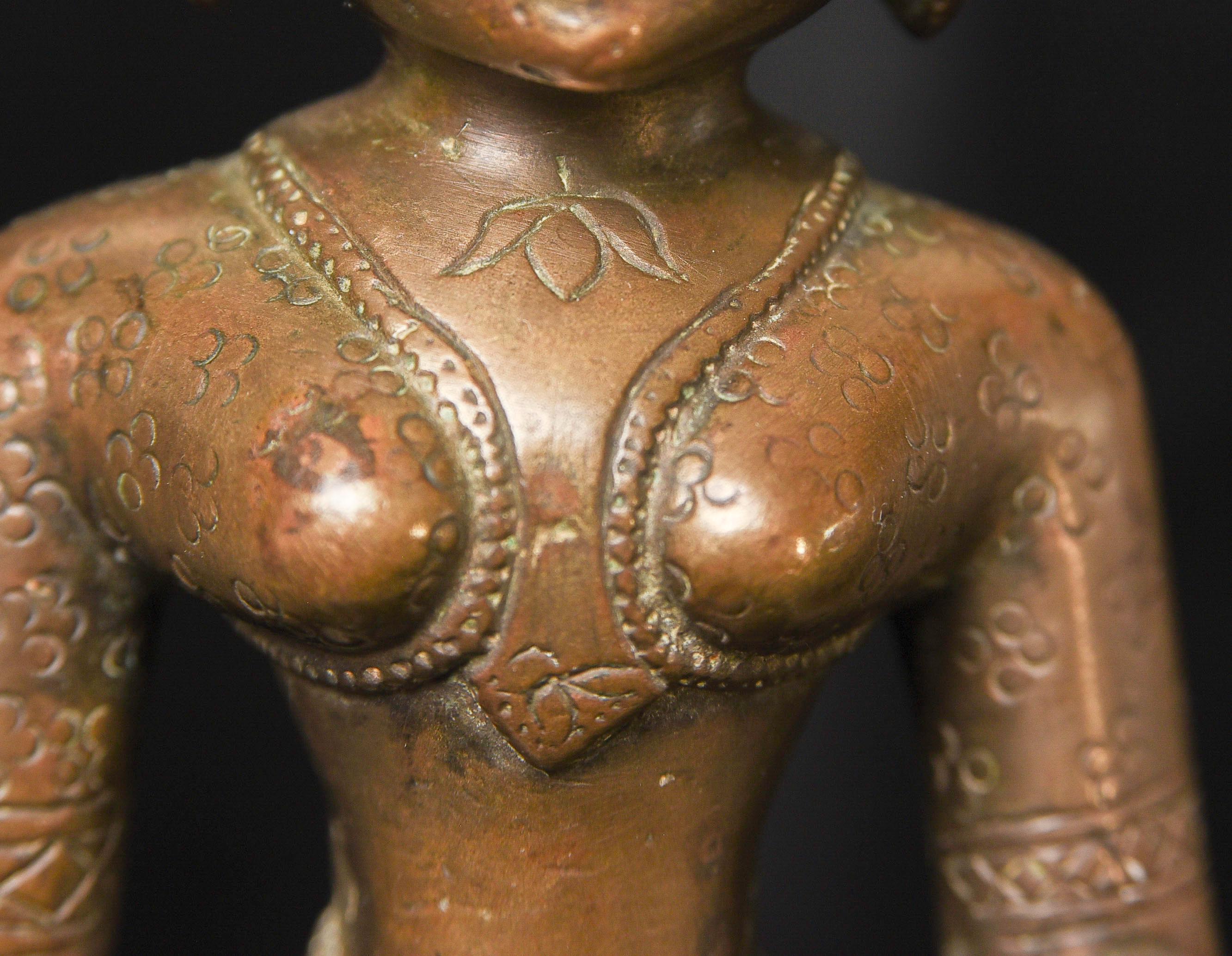 Extraordinary 18C Indian Bronze Goddess-Originally Part of Large Oil Lamp, 9721 For Sale 12