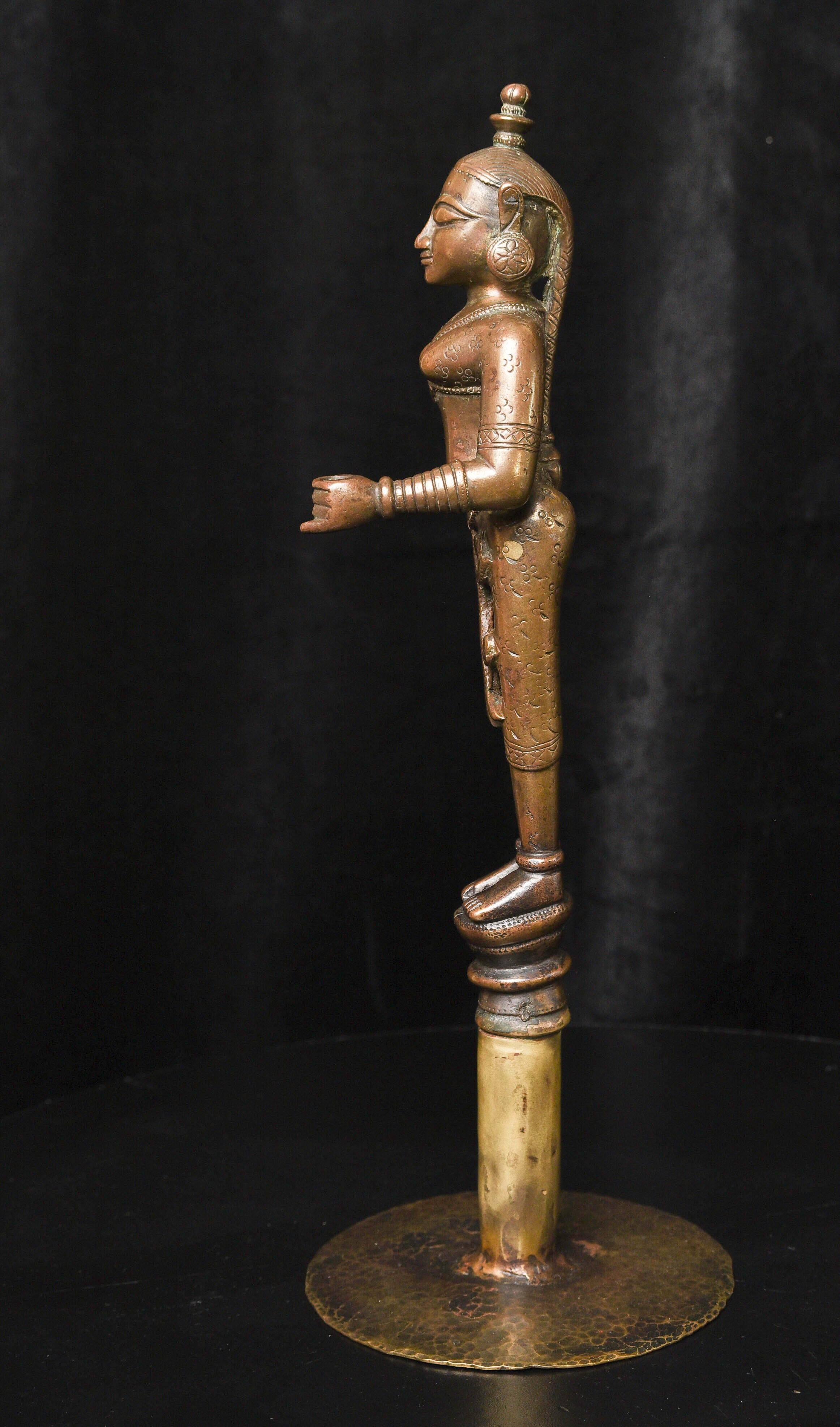 Cast Extraordinary 18C Indian Bronze Goddess-Originally Part of Large Oil Lamp, 9721 For Sale