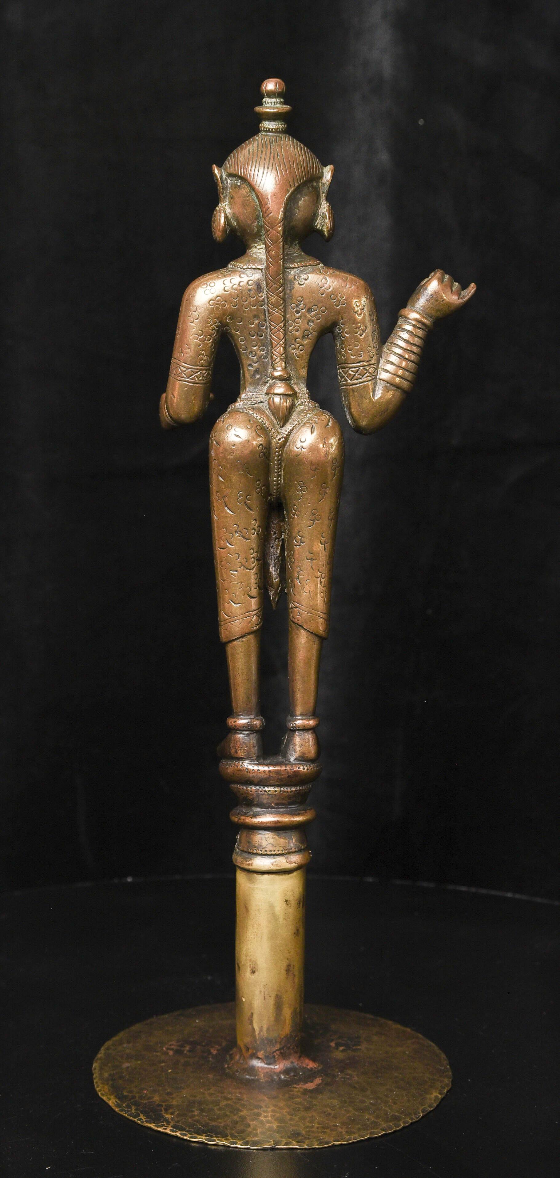 Extraordinary 18C Indian Bronze Goddess-Originally Part of Large Oil Lamp, 9721 In Good Condition For Sale In Ukiah, CA