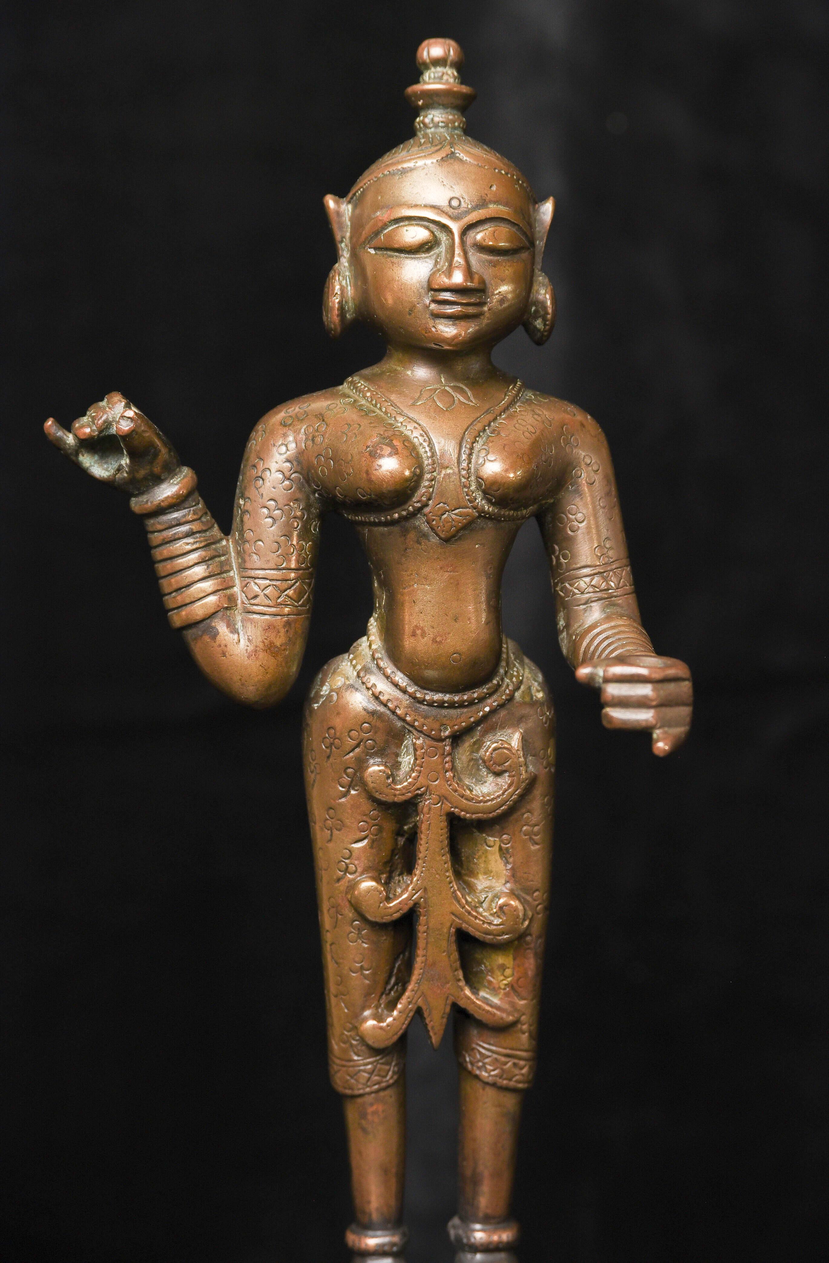 Extraordinary 18C Indian Bronze Goddess-Originally Part of Large Oil Lamp, 9721 For Sale 1