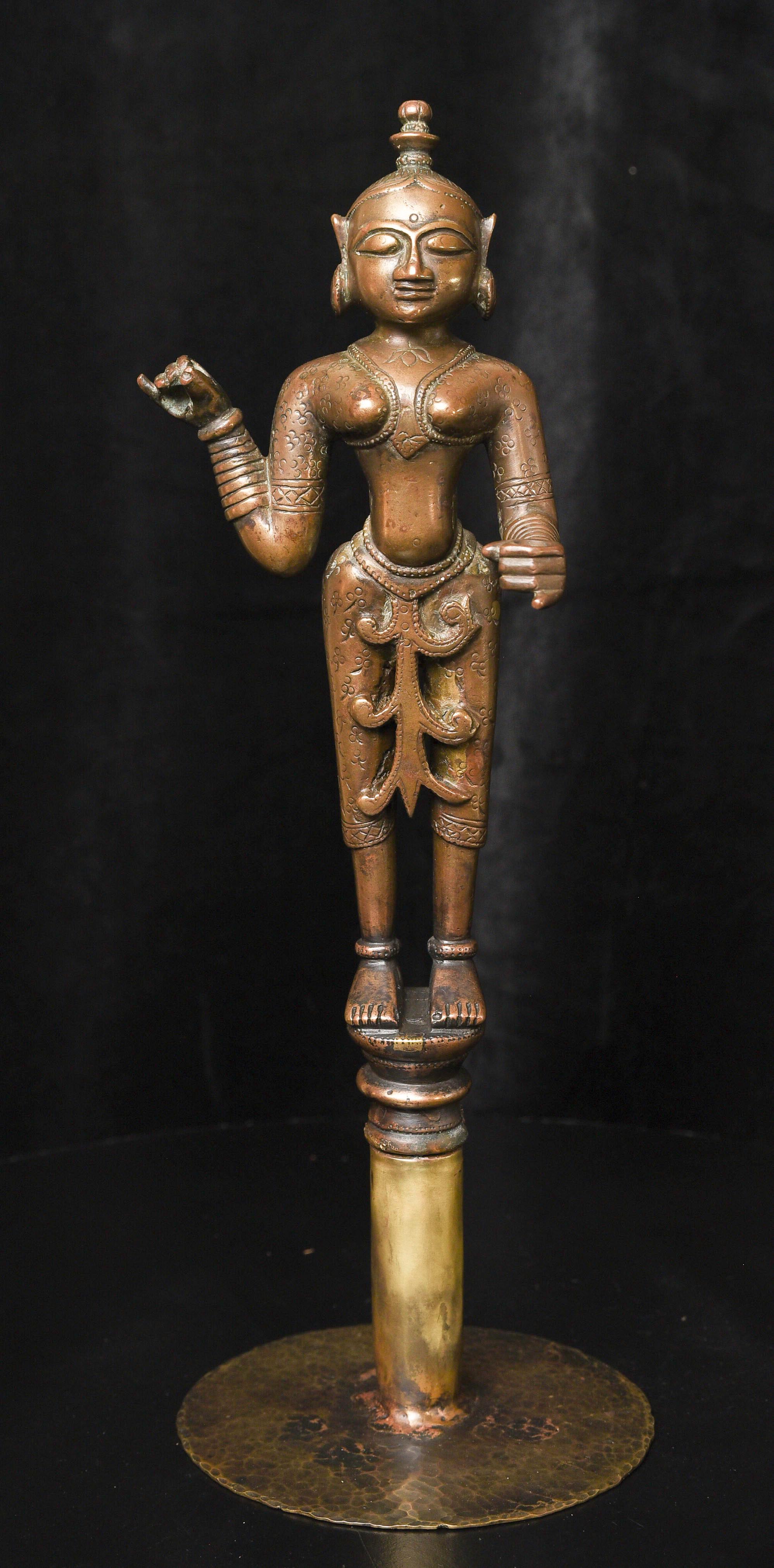 Extraordinary 18C Indian Bronze Goddess-Originally Part of Large Oil Lamp, 9721 For Sale