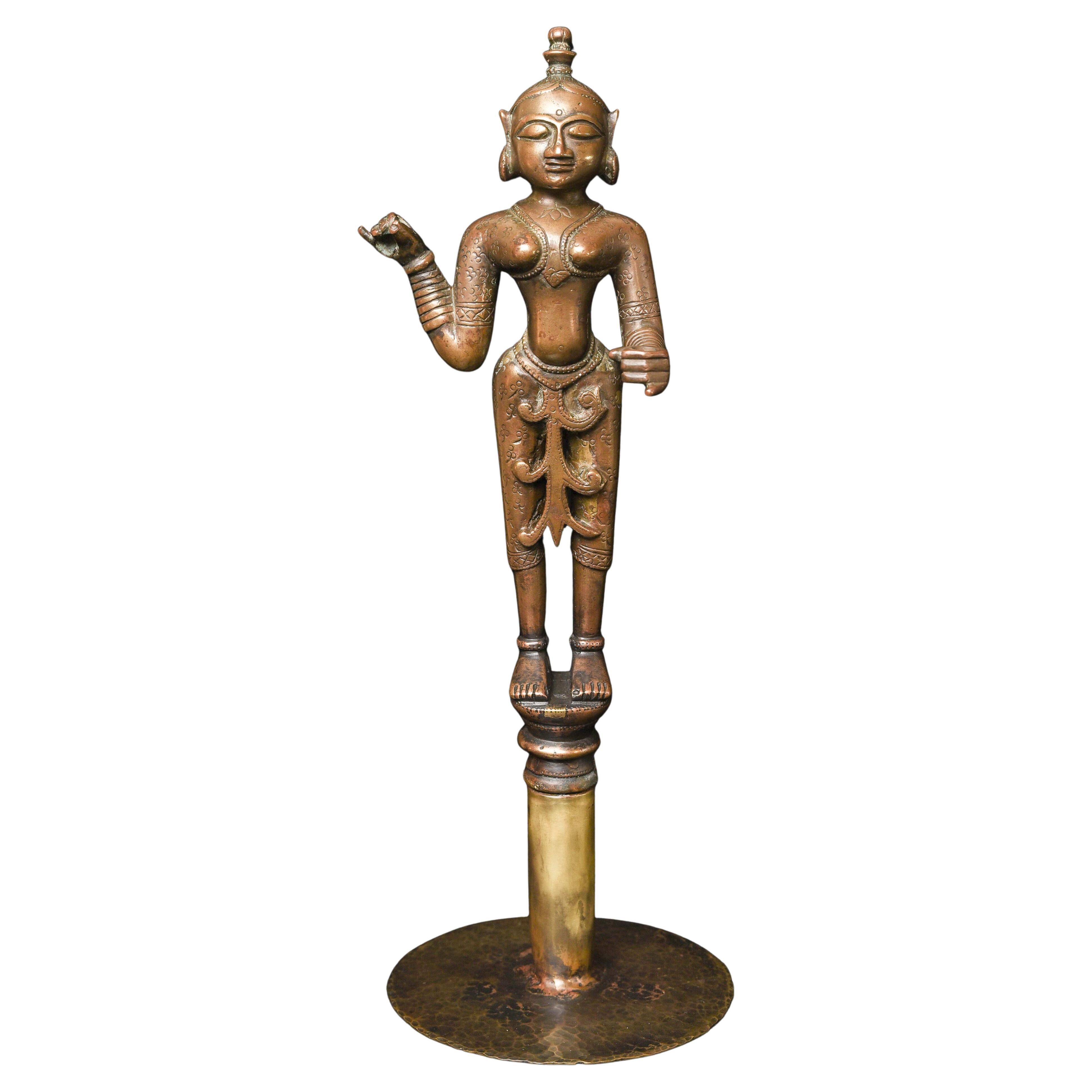 Extraordinary 18C Indian Bronze Goddess-Originally Part of Large Oil Lamp, 9721 For Sale