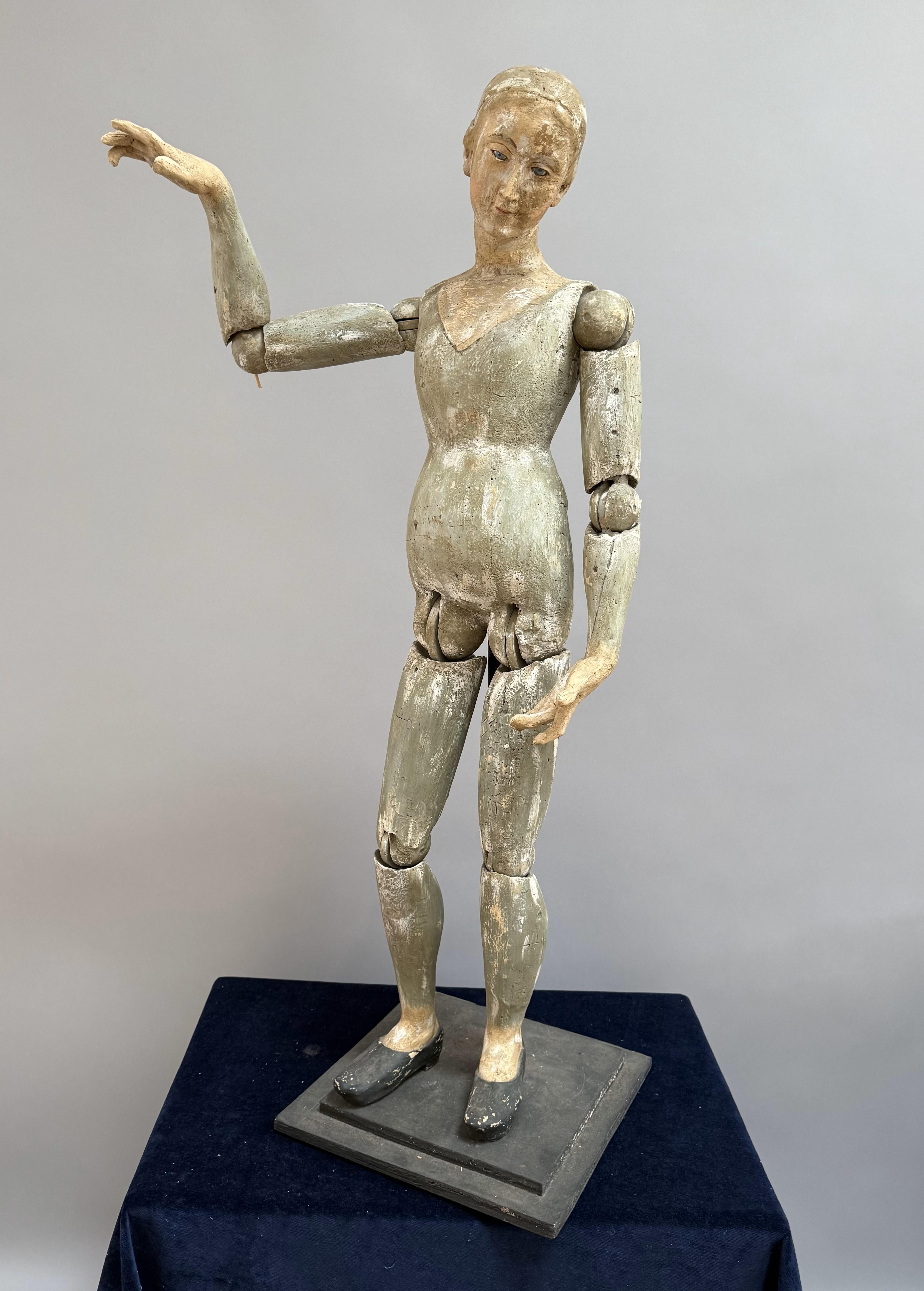Extraordinary 18th Century Spanish Wooden Mannequin. Rare large size made of carved poplar with articulated joints retaining the original painted decoration possibly depicting a Saint. Made in Spain, circa 1790.
45