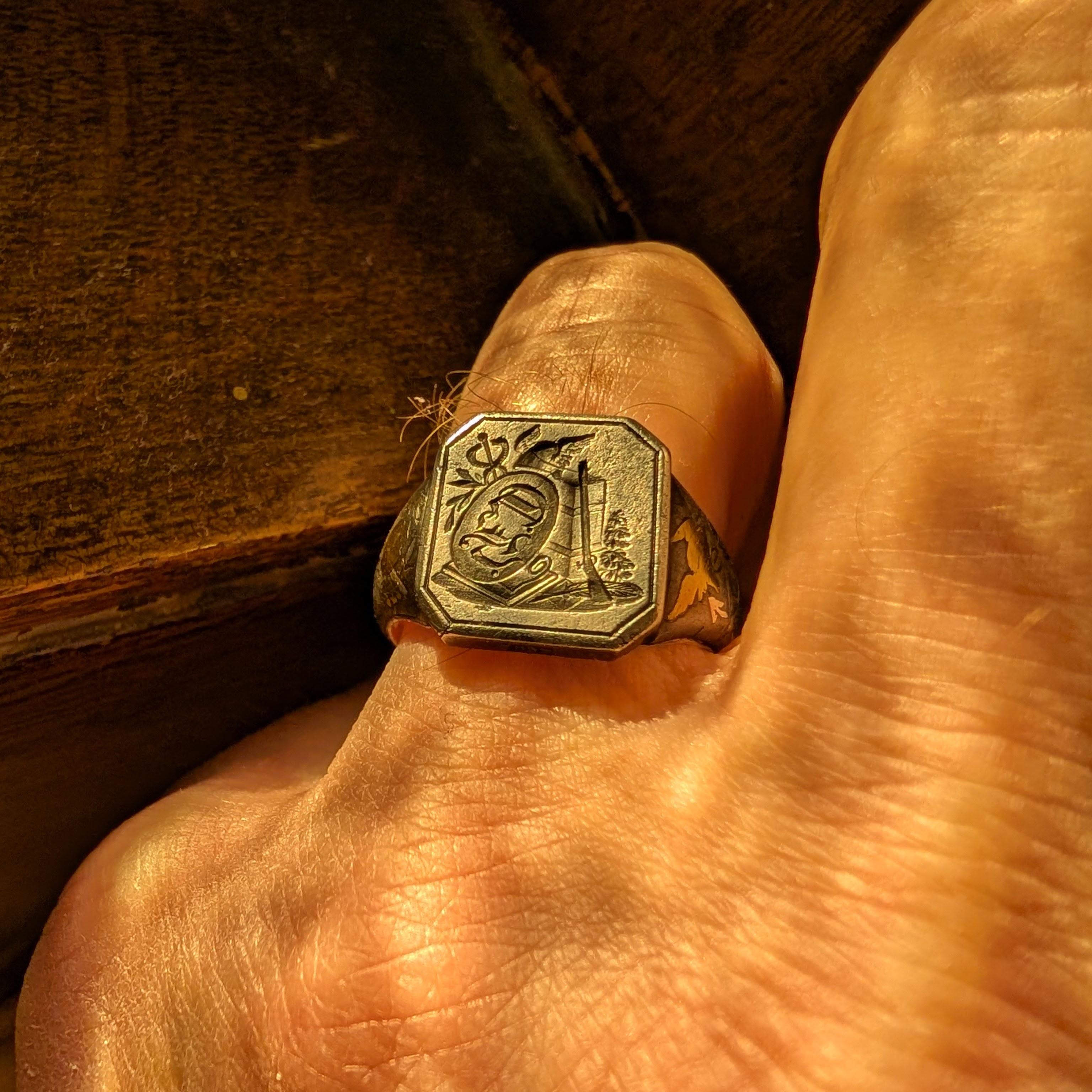 Straordinario anello con sigillo da uomo appreso in acciaio, oro e argento del XVIII secolo in vendita 8