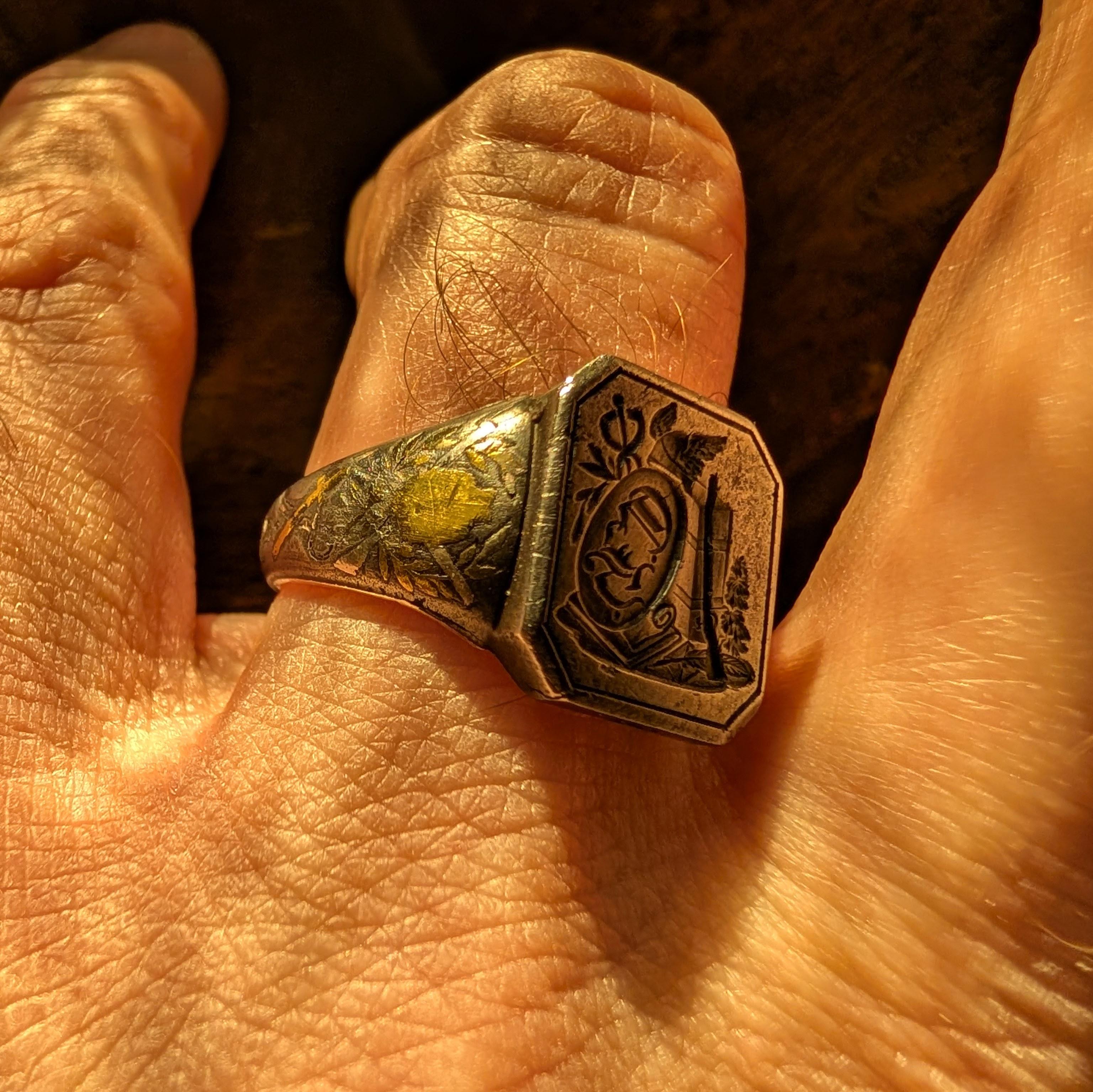 Straordinario anello con sigillo da uomo appreso in acciaio, oro e argento del XVIII secolo in vendita 9