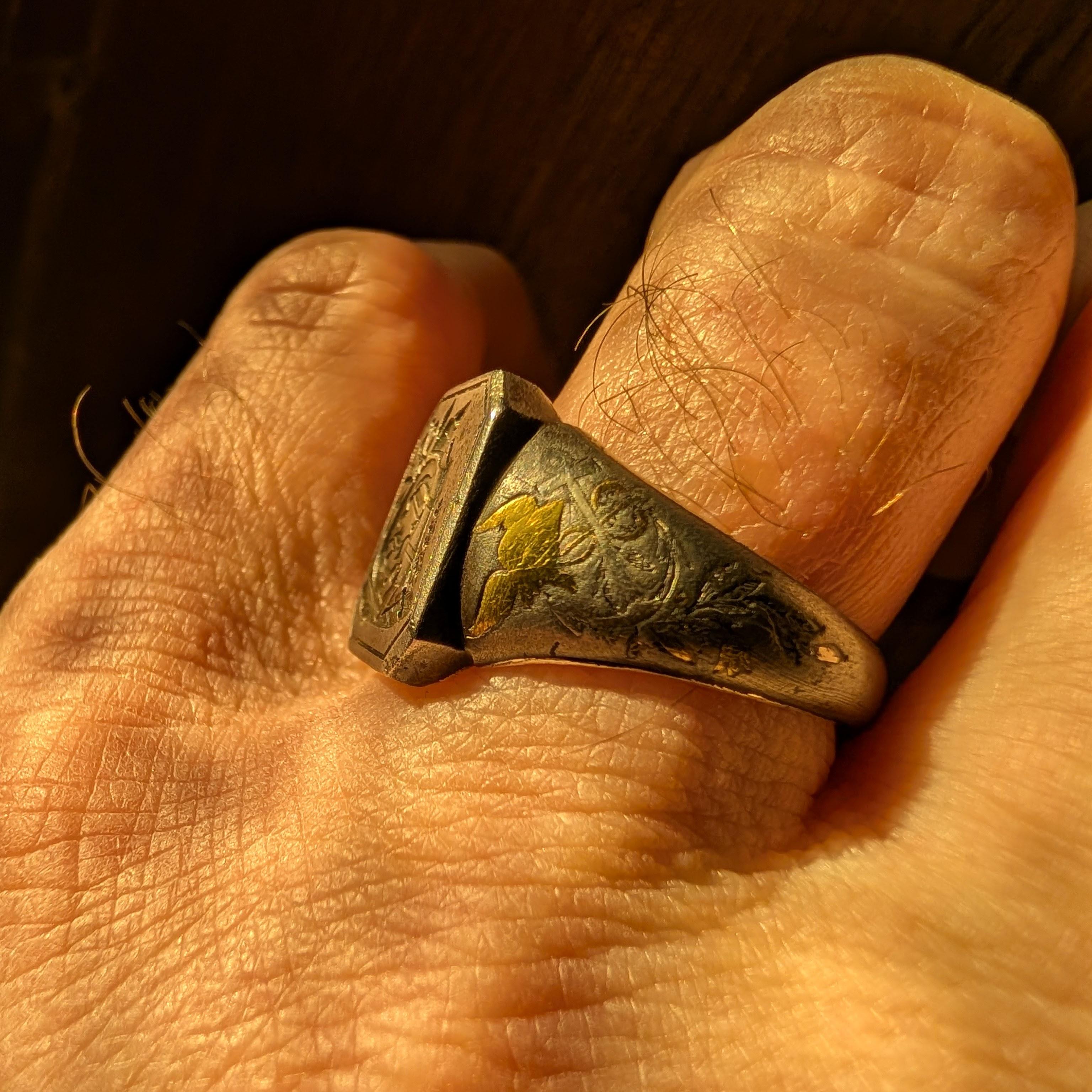 Straordinario anello con sigillo da uomo appreso in acciaio, oro e argento del XVIII secolo in vendita 10