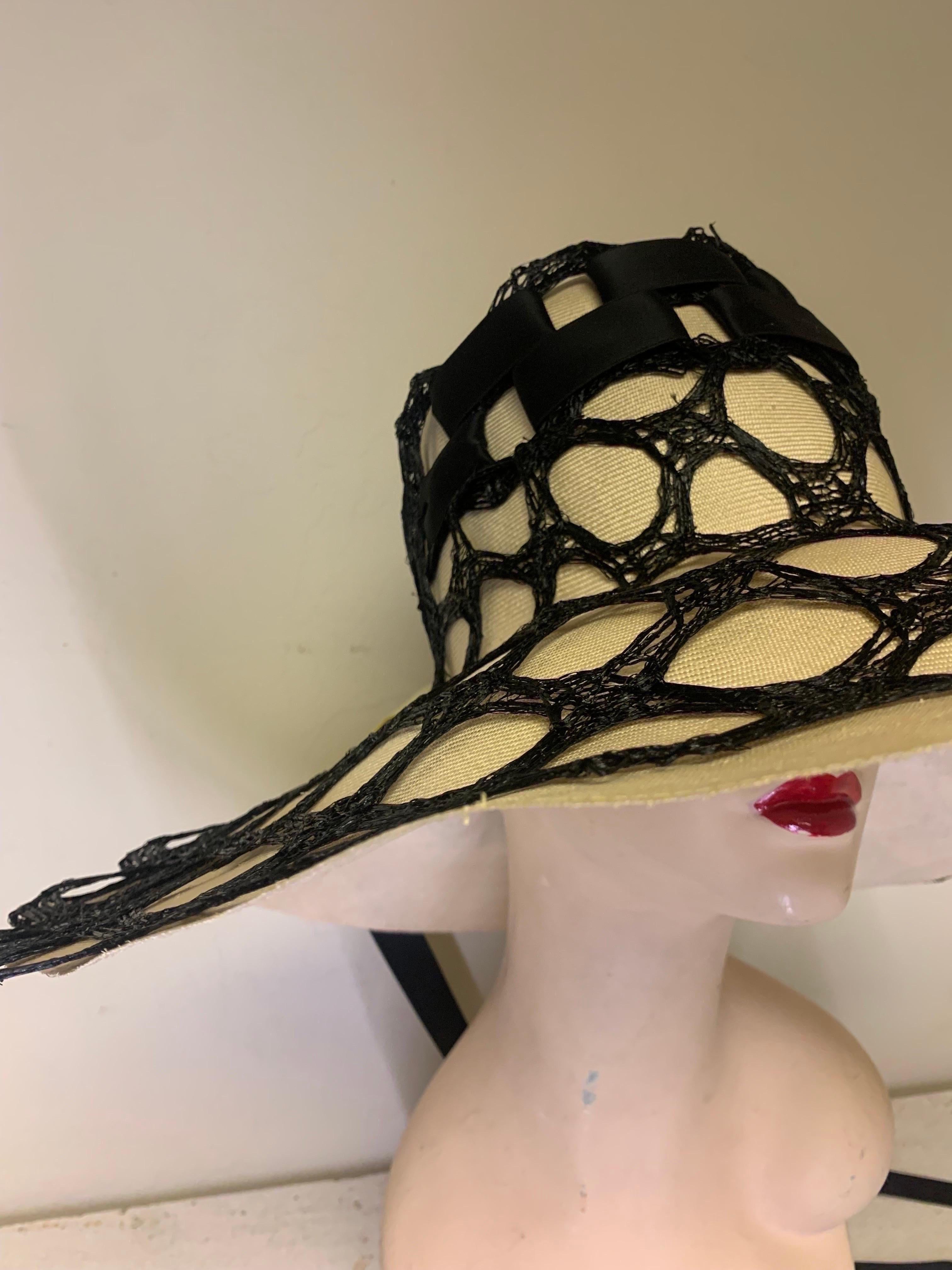 Beige Extraordinary 1960s Adolfo Natural Straw Beach Hat w Black Mesh Drape & Rose For Sale