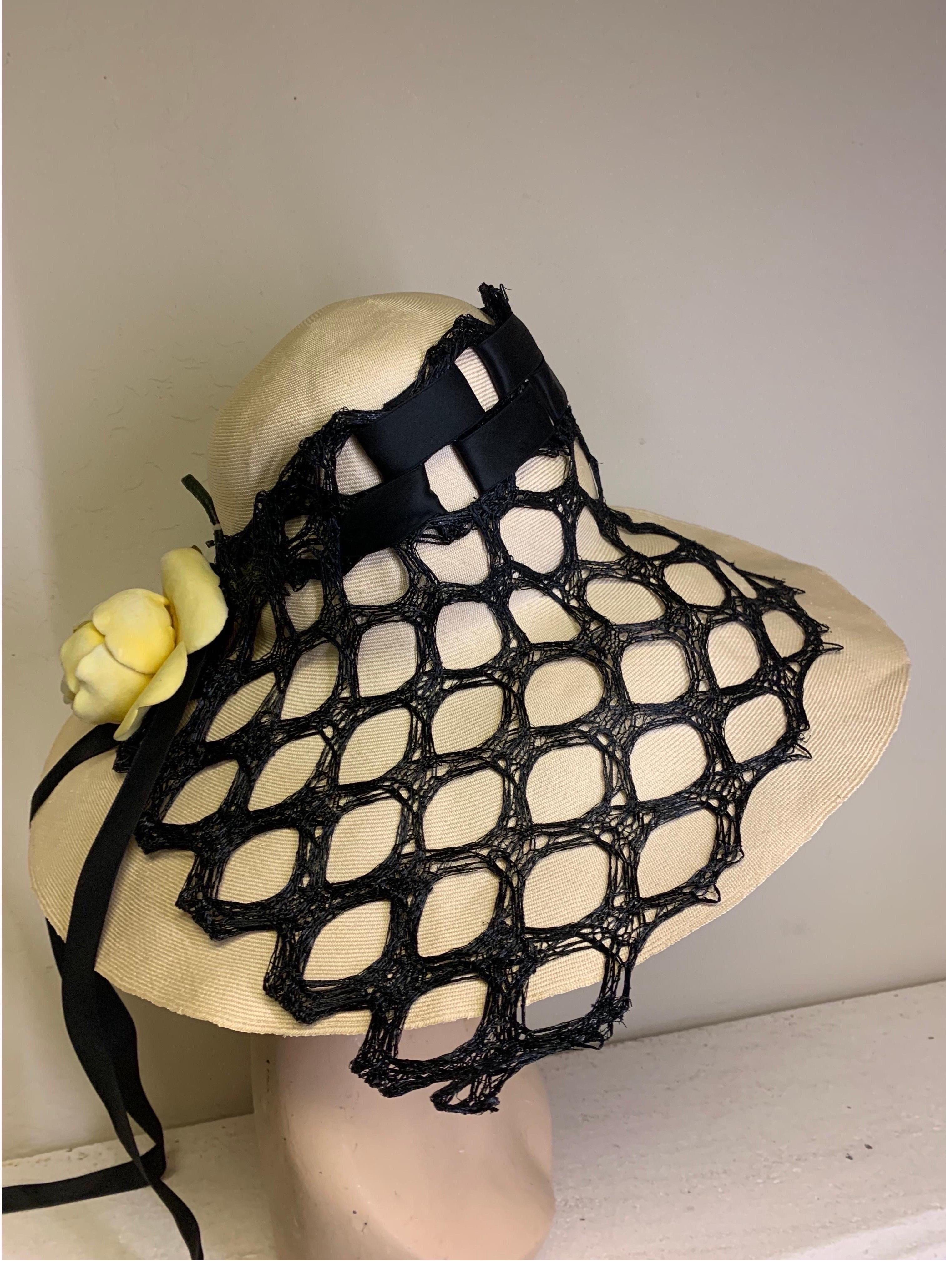 Extraordinary 1960s Adolfo Natural Straw Beach Hat w Black Mesh Drape & Rose In Excellent Condition For Sale In Gresham, OR