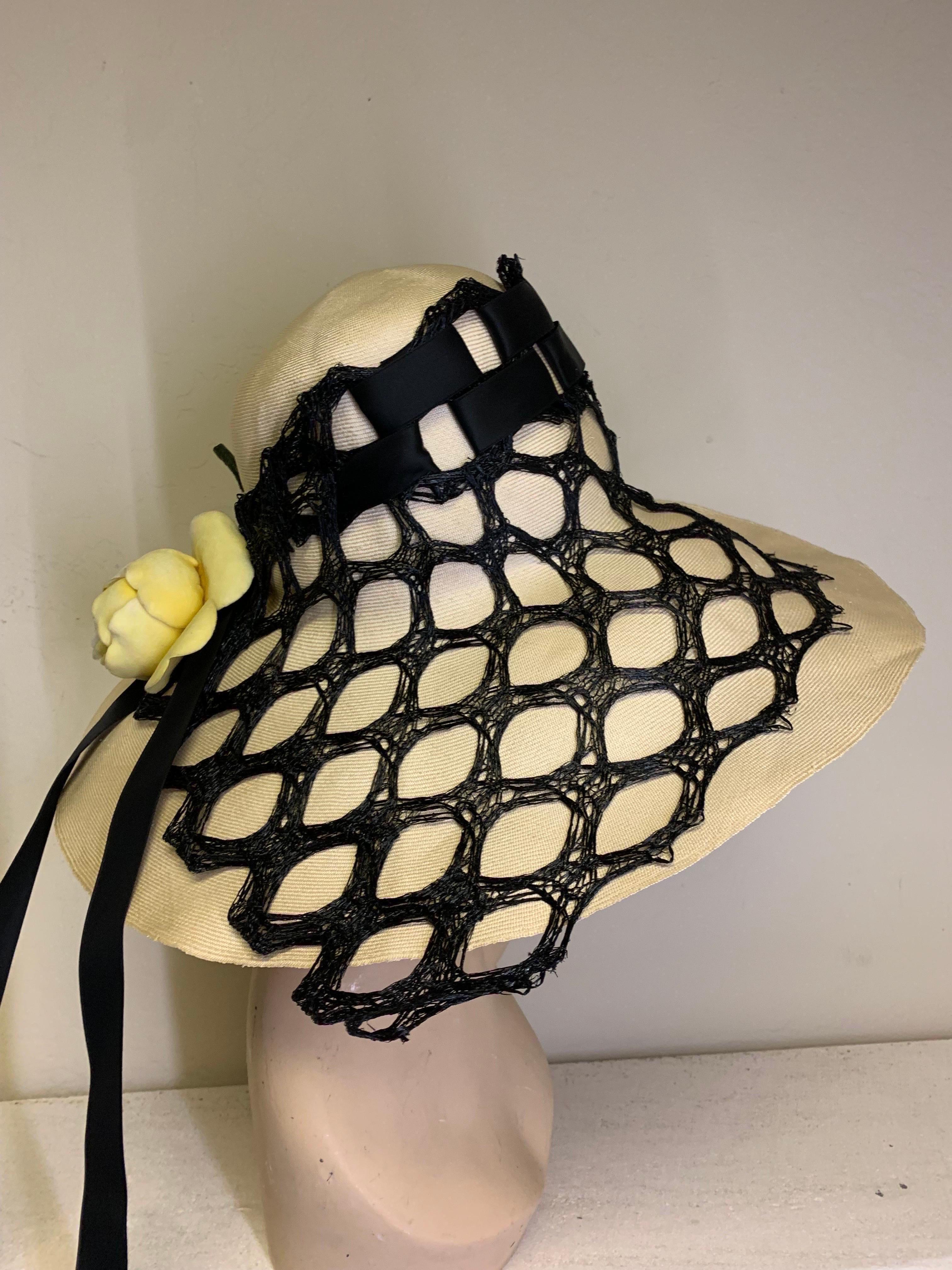 Women's Extraordinary 1960s Adolfo Natural Straw Beach Hat w Black Mesh Drape & Rose For Sale