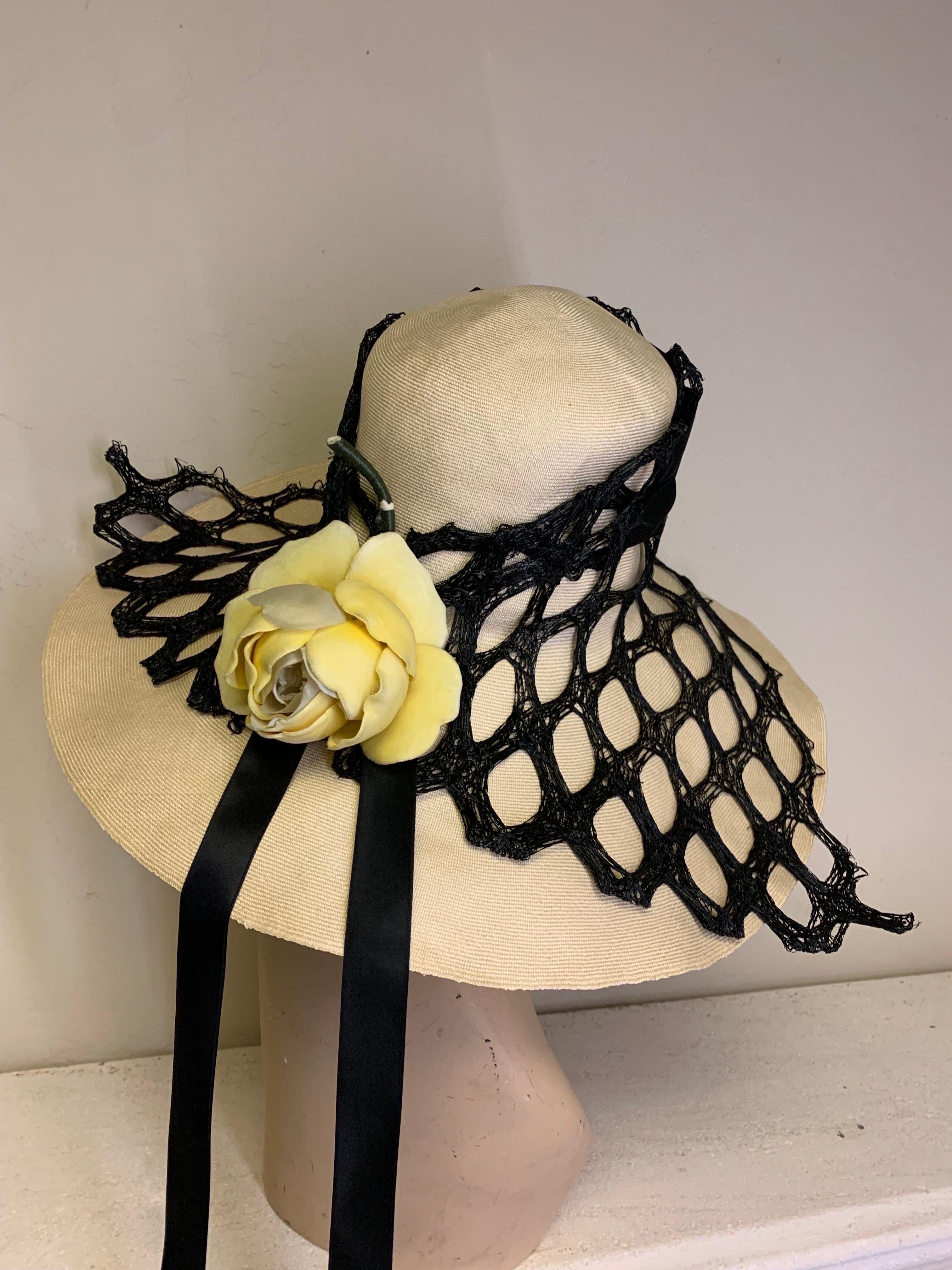 Extraordinary 1960s Adolfo Natural Straw Beach Hat w Black Mesh Drape & Rose For Sale 1