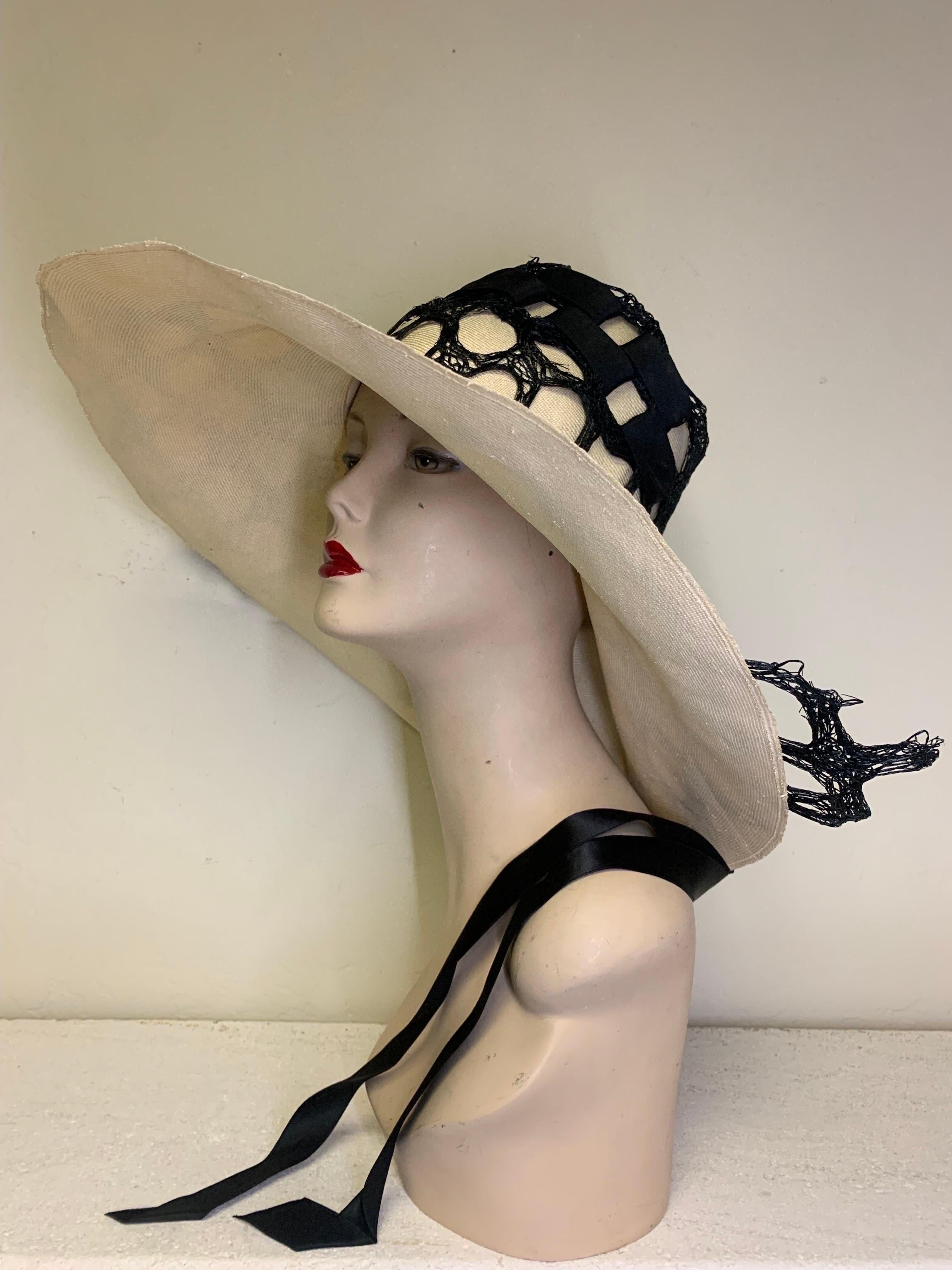 Extraordinary 1960s Adolfo Natural Straw Beach Hat w Black Mesh Drape & Rose For Sale 2